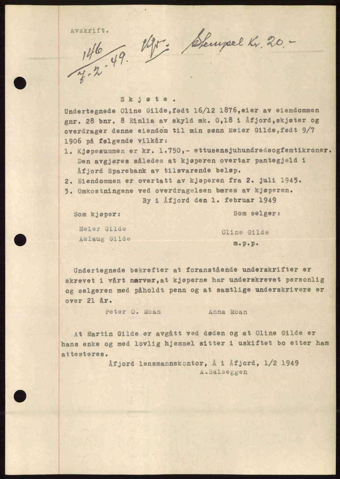 Fosen sorenskriveri, AV/SAT-A-1107/1/2/2C: Mortgage book no. A9, 1948-1949, Diary no: : 146/1949