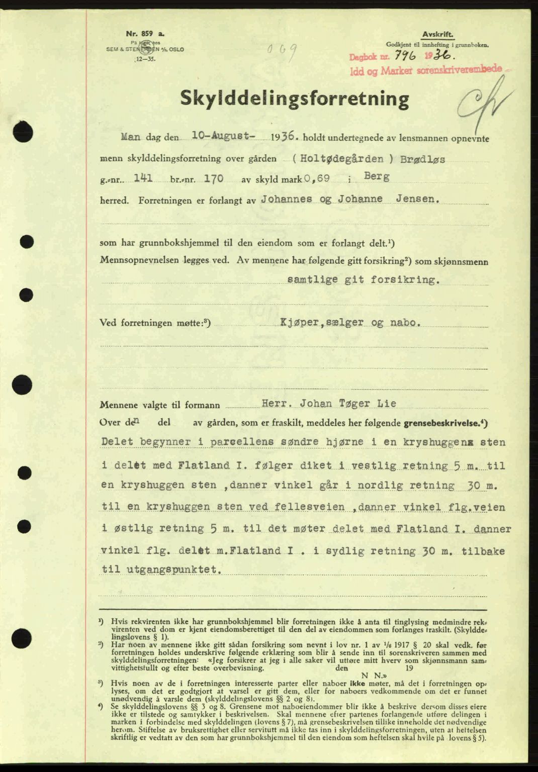 Idd og Marker sorenskriveri, AV/SAO-A-10283/G/Gb/Gbb/L0001: Mortgage book no. A1, 1936-1937, Diary no: : 796/1936