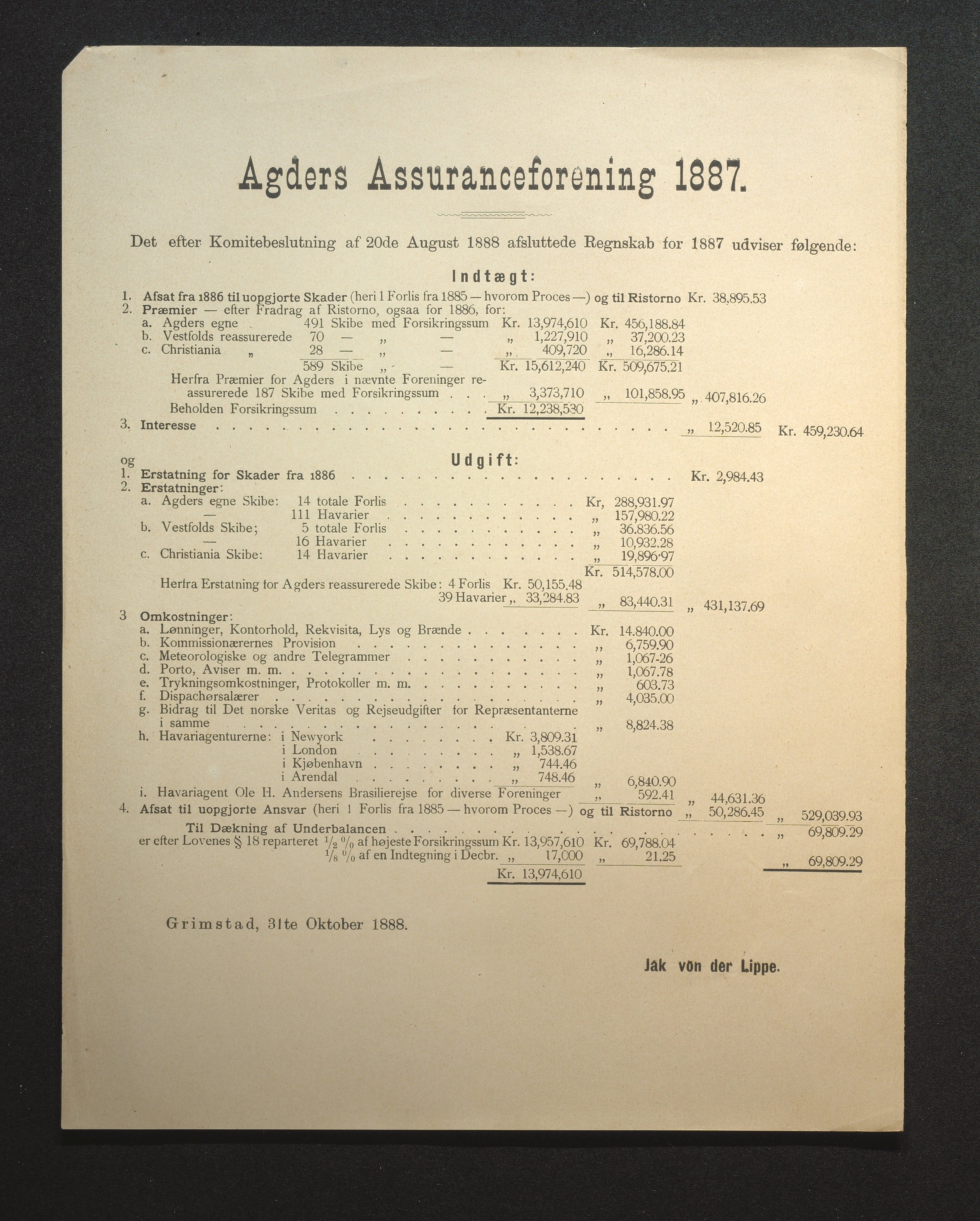 Agders Gjensidige Assuranceforening, AAKS/PA-1718/05/L0002: Regnskap, seilavdeling, pakkesak, 1881-1889