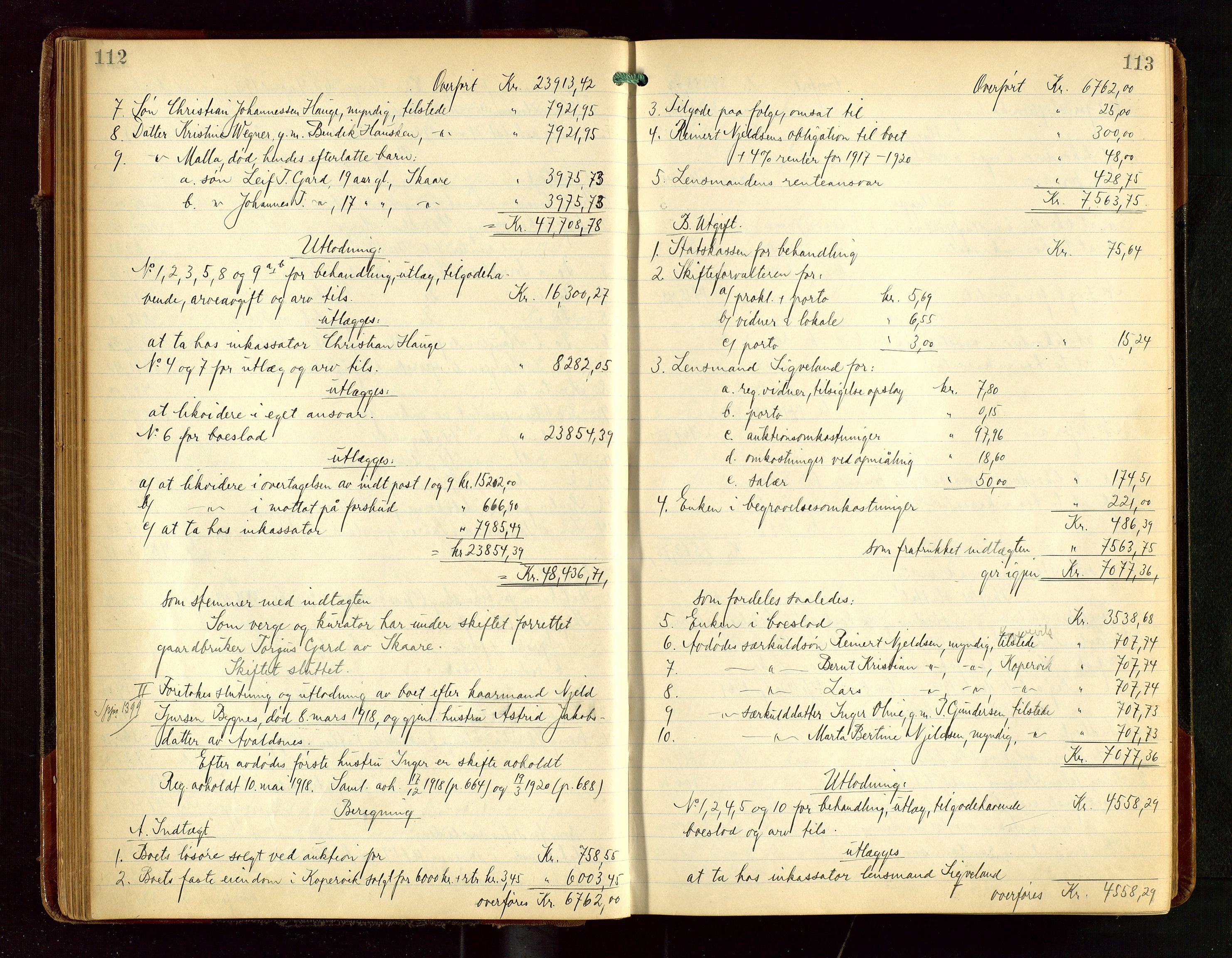 Karmsund sorenskriveri, AV/SAST-A-100311/01/IV/IVGB/L0003: SKIFTEUTLODNINGSPROTOKOLL, 1919-1925, p. 112-113