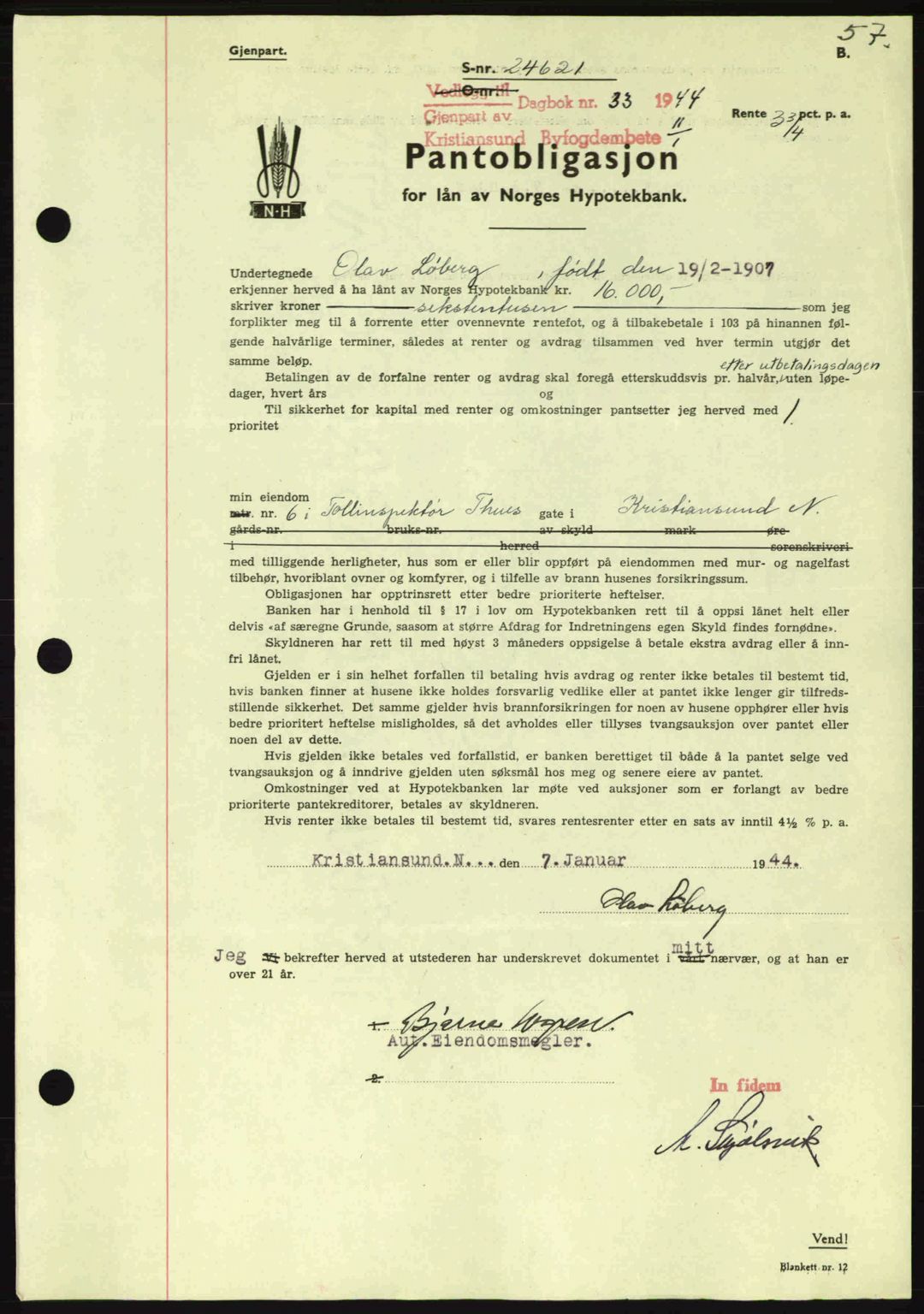 Kristiansund byfogd, AV/SAT-A-4587/A/27: Mortgage book no. 37-38, 1943-1945, Diary no: : 33/1944