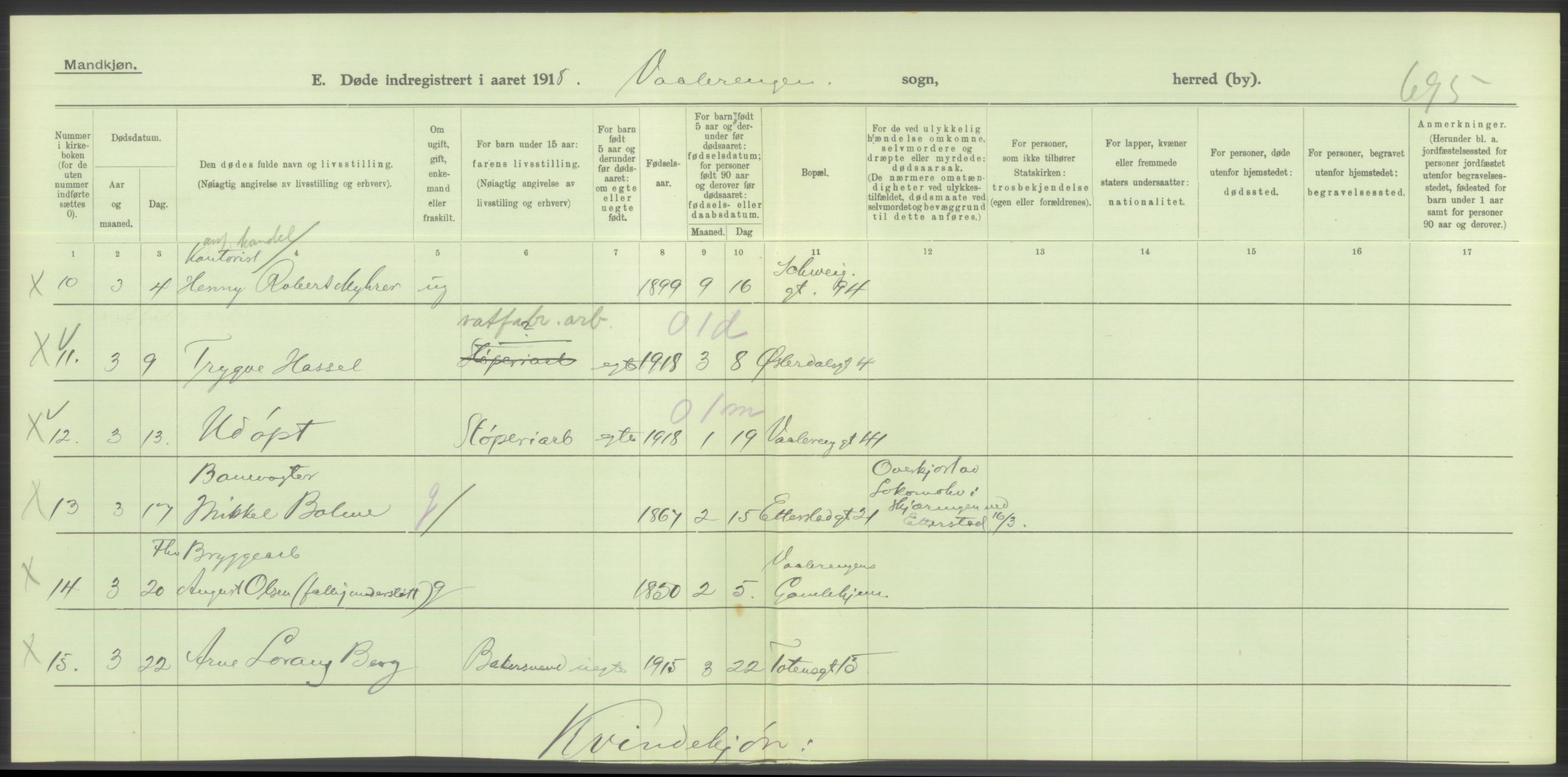 Statistisk sentralbyrå, Sosiodemografiske emner, Befolkning, AV/RA-S-2228/D/Df/Dfb/Dfbh/L0011: Kristiania: Døde, dødfødte, 1918, p. 444