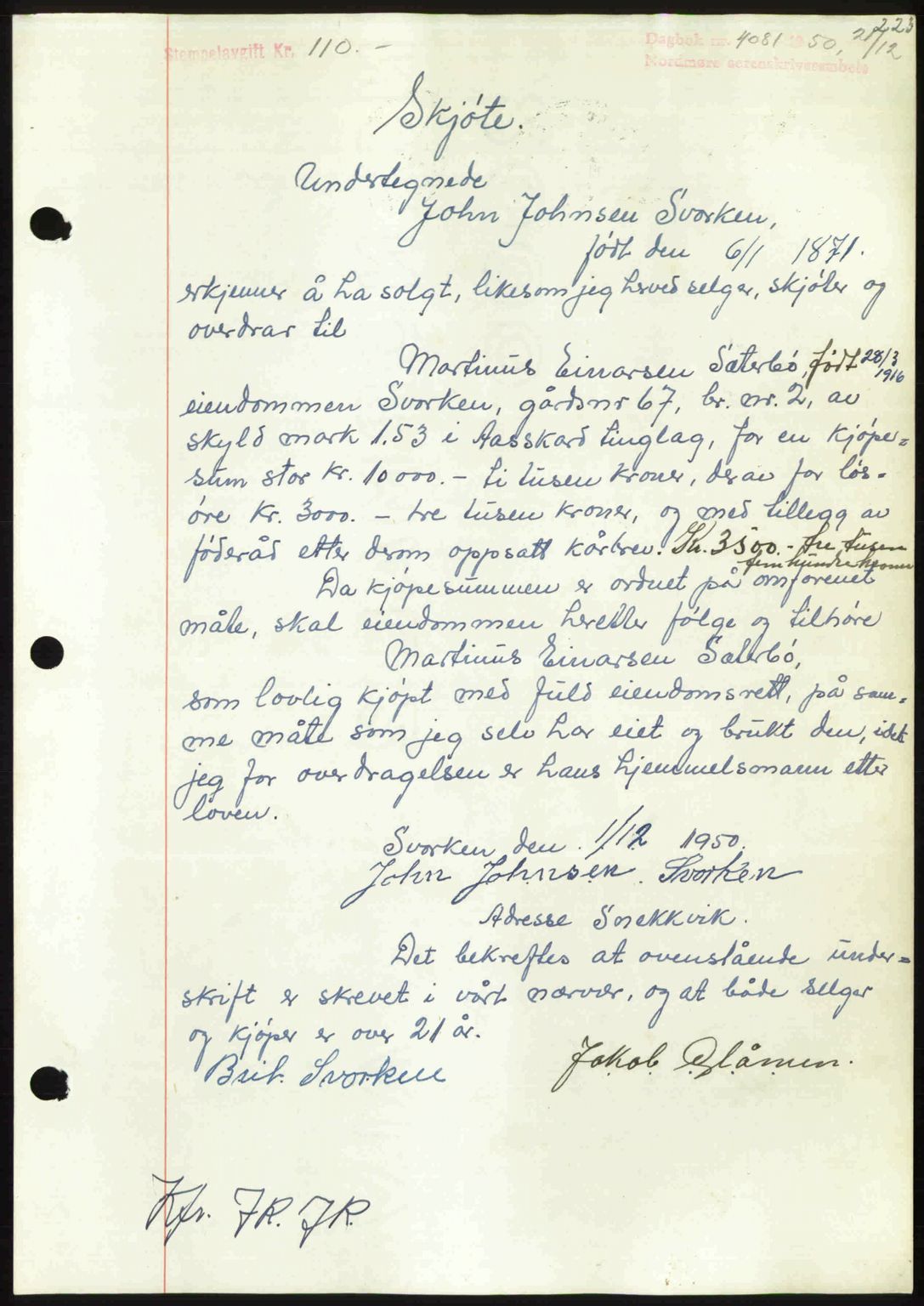 Nordmøre sorenskriveri, AV/SAT-A-4132/1/2/2Ca: Mortgage book no. A117, 1950-1950, Diary no: : 4081/1950