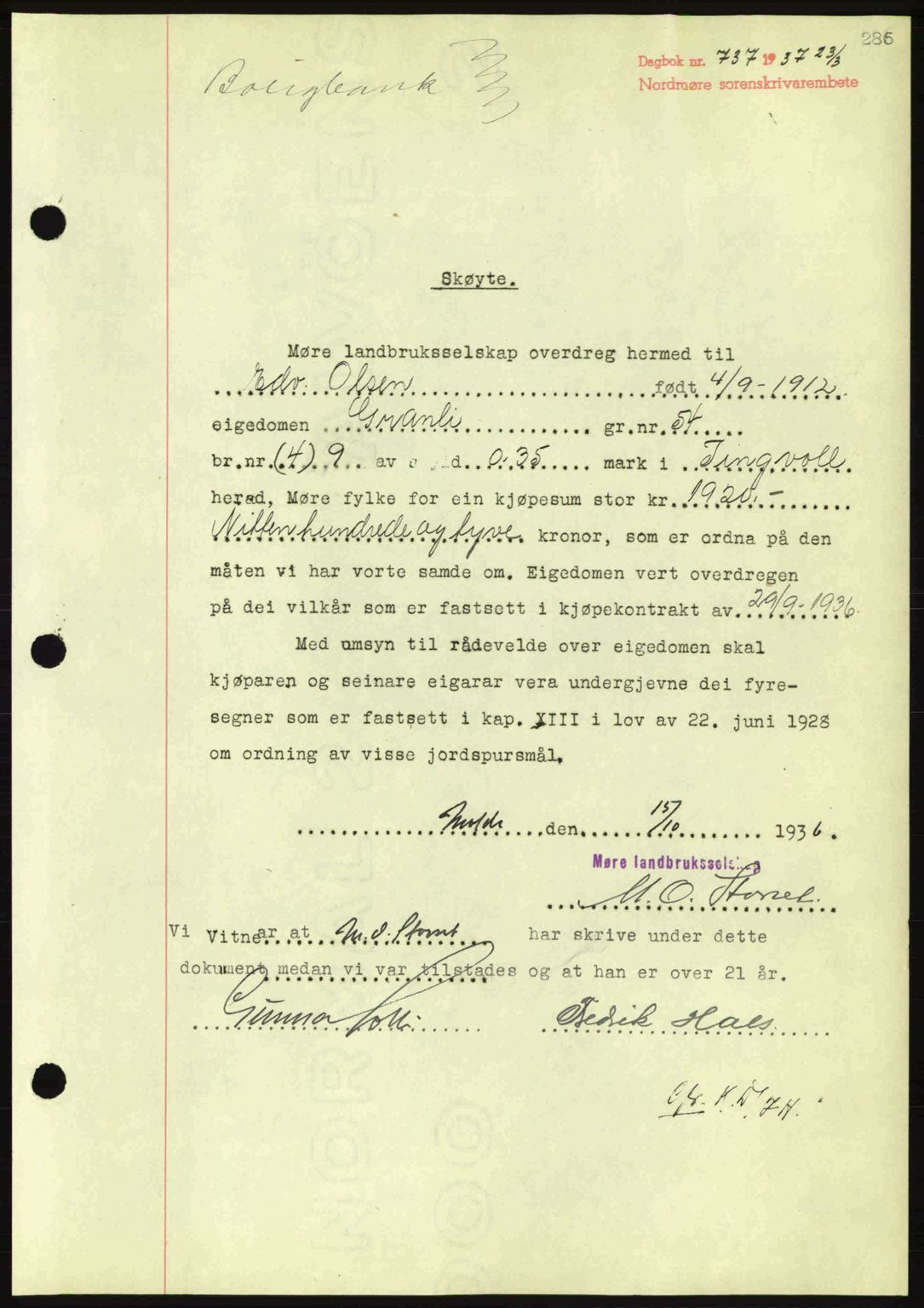 Nordmøre sorenskriveri, AV/SAT-A-4132/1/2/2Ca: Mortgage book no. A81, 1937-1937, Diary no: : 737/1937