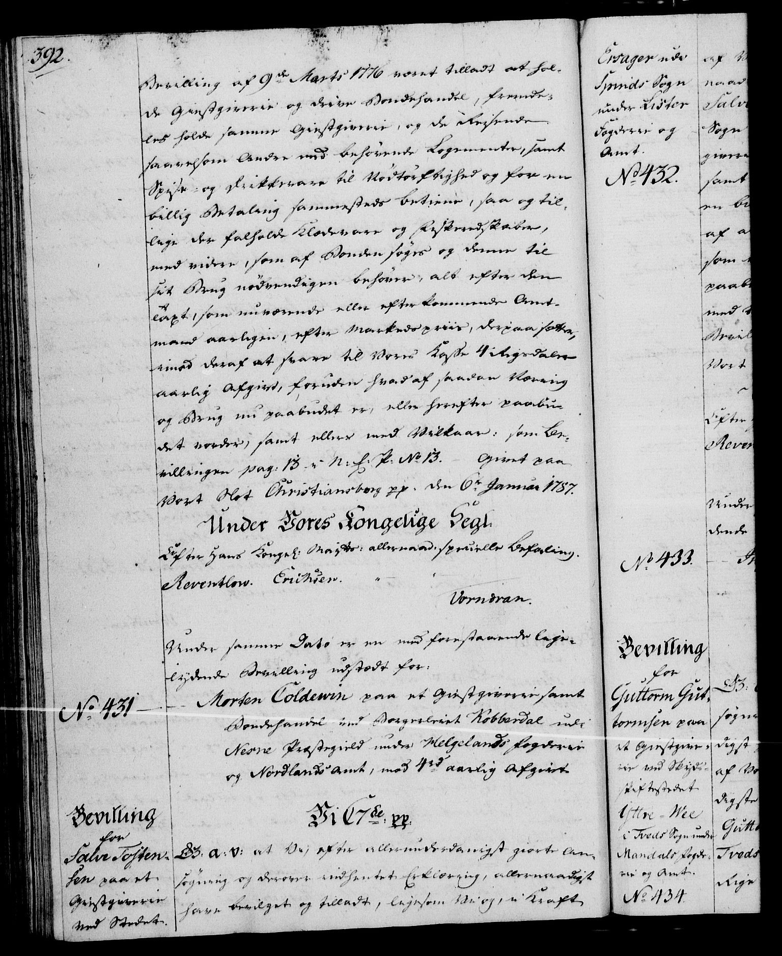 Rentekammeret, Kammerkanselliet, RA/EA-3111/G/Gg/Gga/L0013: Norsk ekspedisjonsprotokoll med register (merket RK 53.13), 1784-1787, p. 392