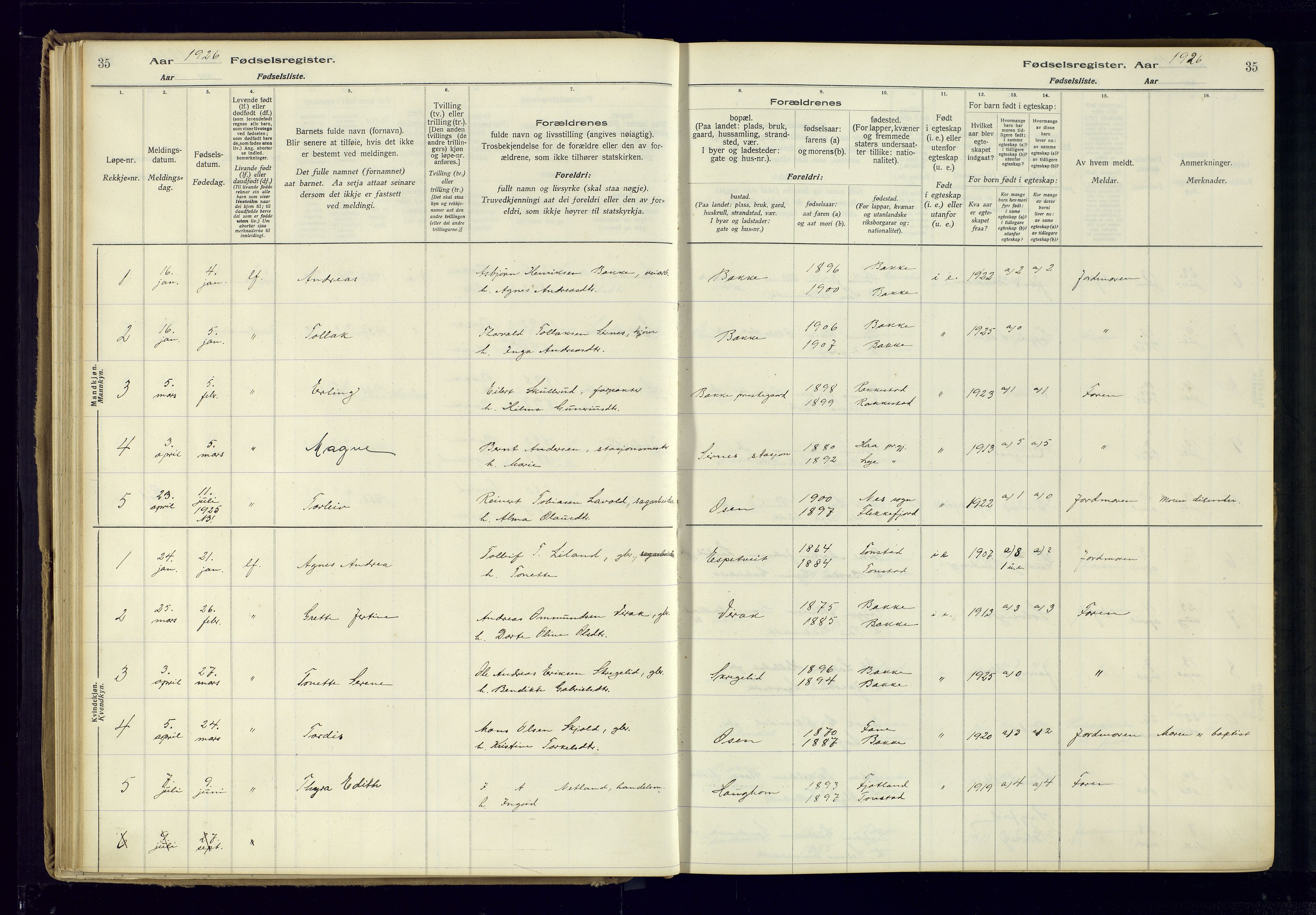 Bakke sokneprestkontor, AV/SAK-1111-0002/J/Ja/L0001: Birth register no. A-VI-18, 1916-1982, p. 35