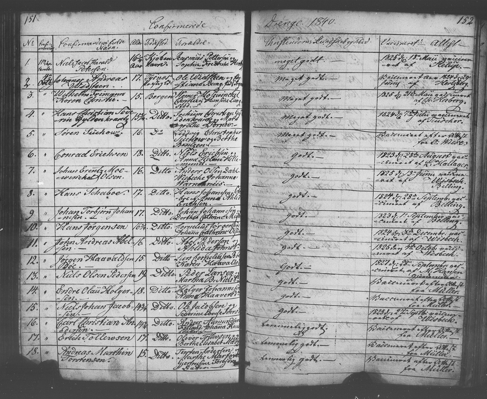 Domkirken sokneprestembete, AV/SAB-A-74801/H/Haa/L0063: Curate's parish register no. A 1, 1821-1848, p. 151-152