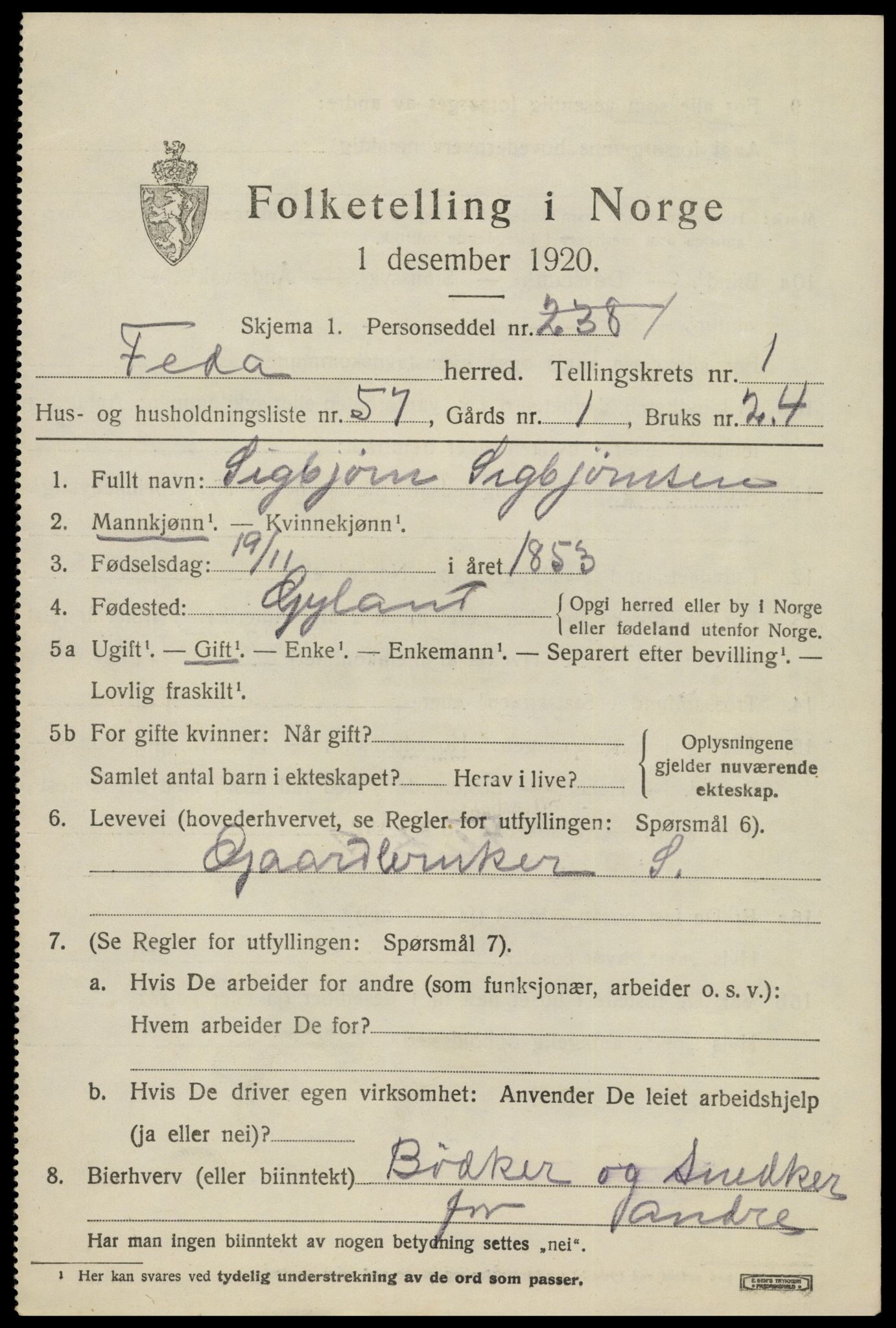 SAK, 1920 census for Feda, 1920, p. 927