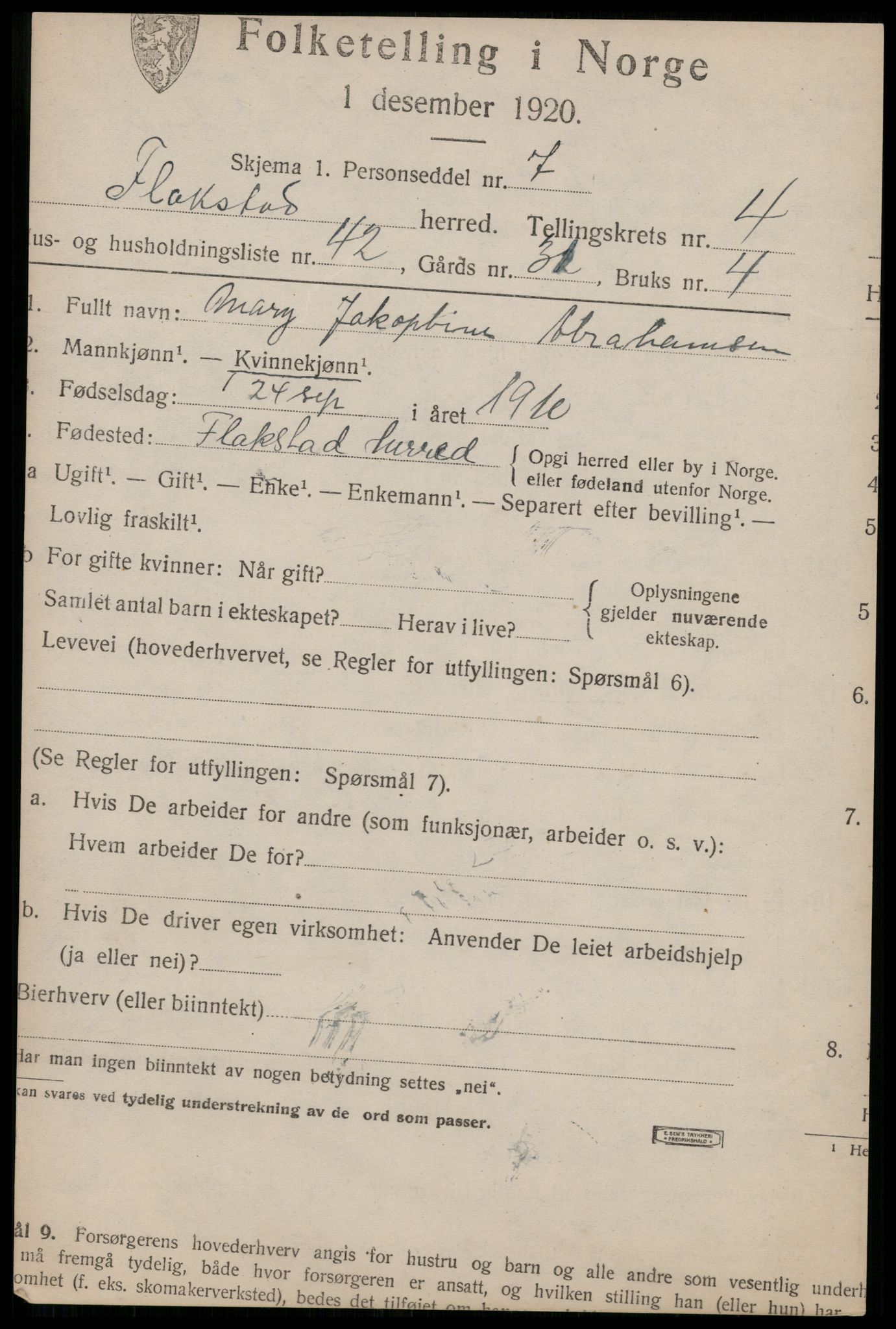 SAT, 1920 census for Flakstad, 1920, p. 3405