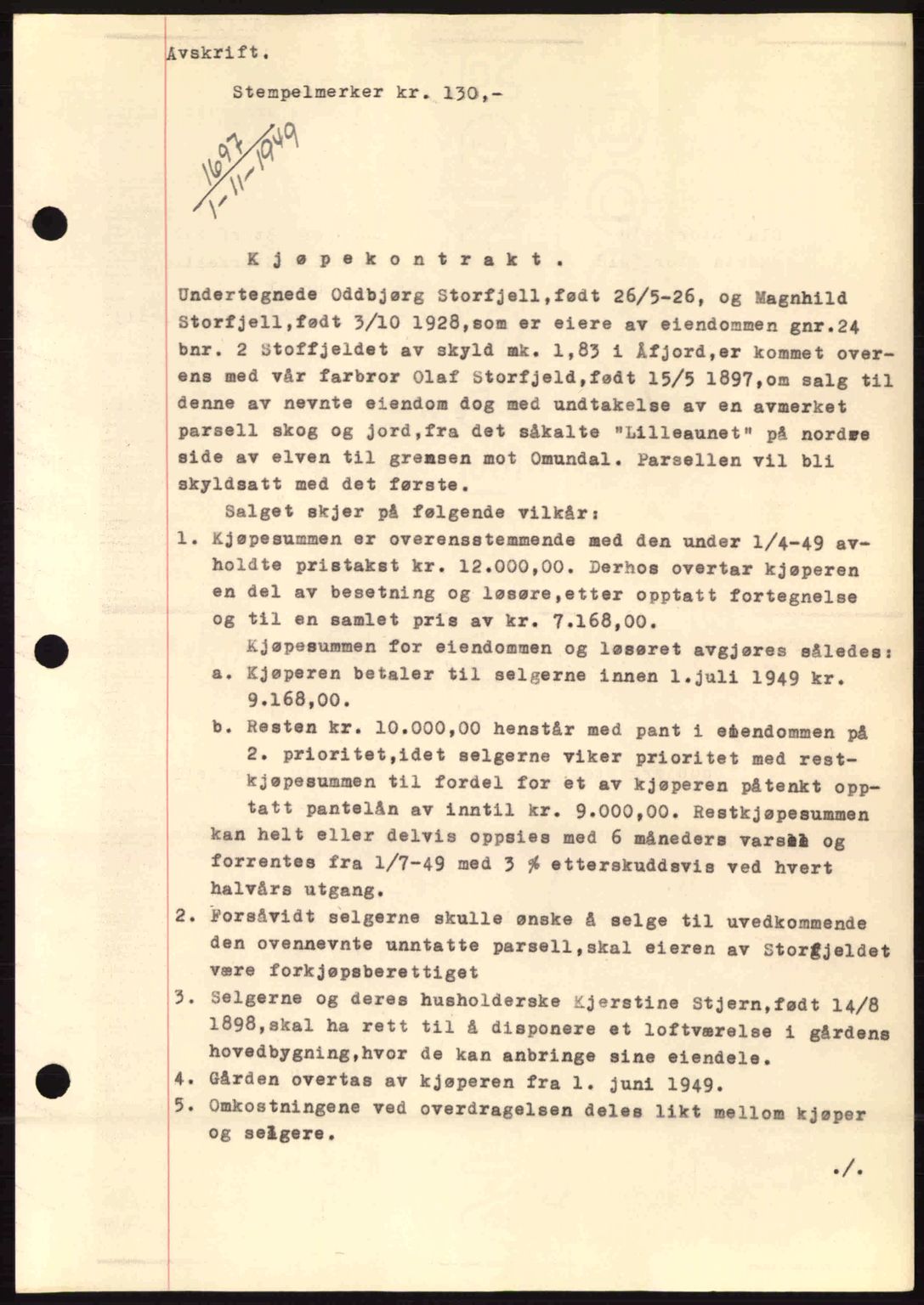 Fosen sorenskriveri, AV/SAT-A-1107/1/2/2C: Mortgage book no. A10, 1949-1950, Diary no: : 1697/1949
