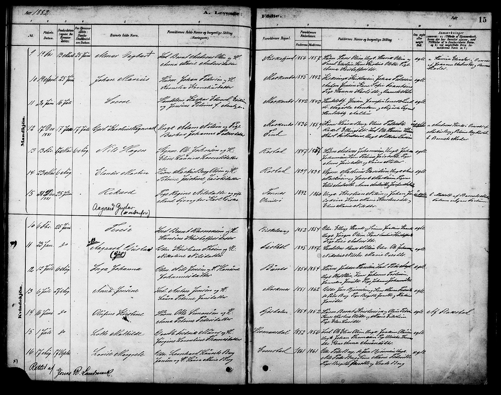 Ministerialprotokoller, klokkerbøker og fødselsregistre - Nordland, SAT/A-1459/886/L1219: Parish register (official) no. 886A01, 1878-1892, p. 15