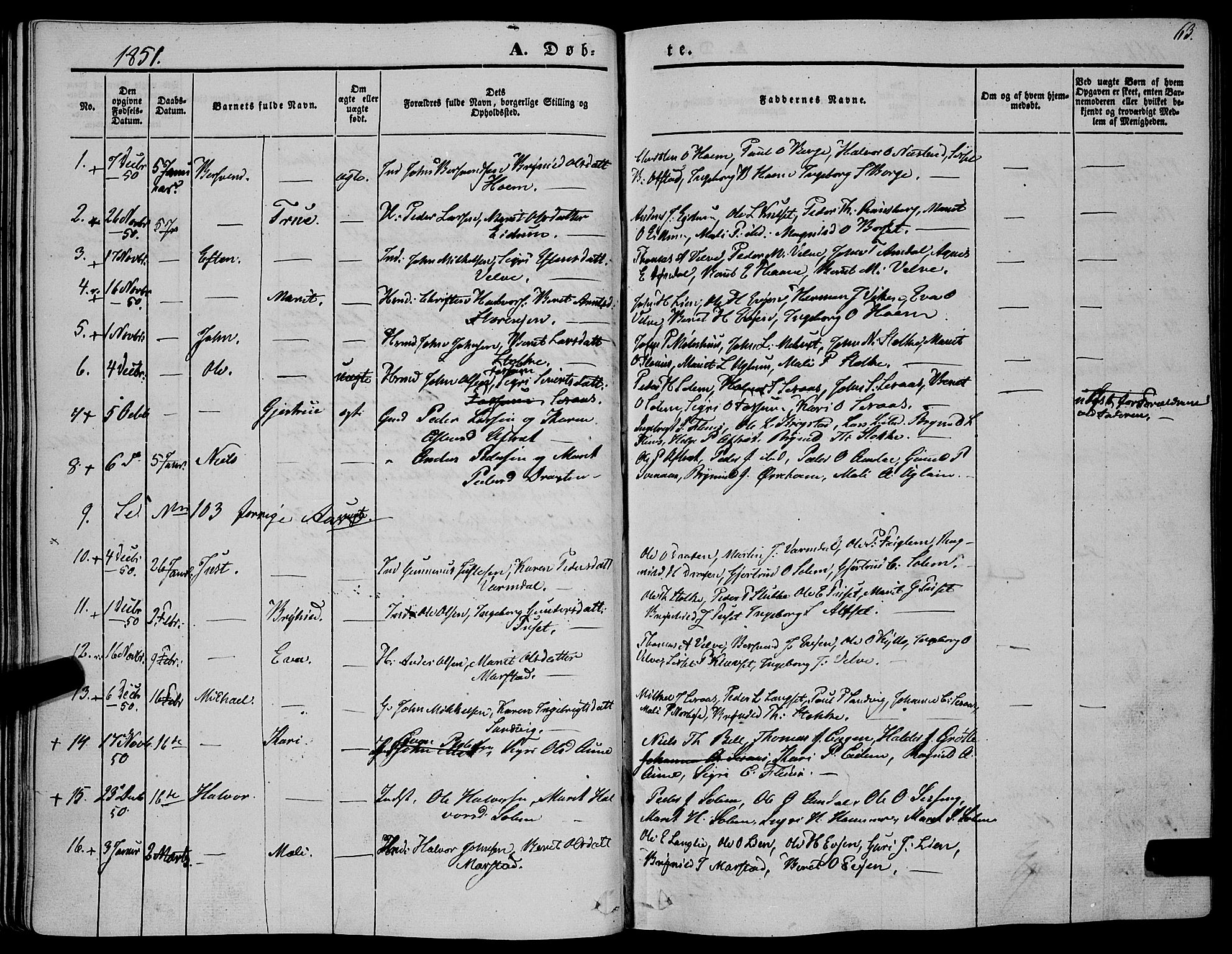 Ministerialprotokoller, klokkerbøker og fødselsregistre - Sør-Trøndelag, SAT/A-1456/695/L1145: Parish register (official) no. 695A06 /1, 1843-1859, p. 63