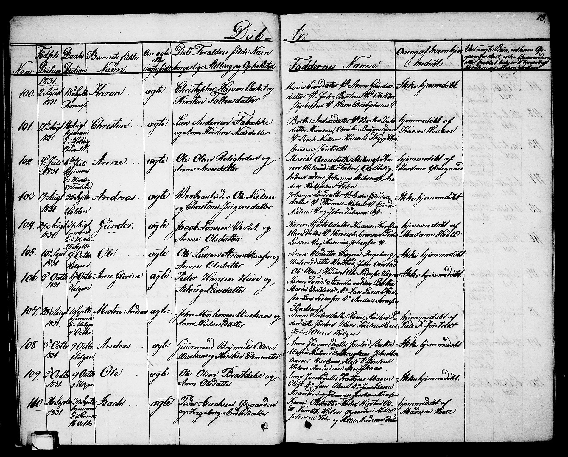 Holla kirkebøker, AV/SAKO-A-272/G/Ga/L0002: Parish register (copy) no. I 2, 1830-1848, p. 13