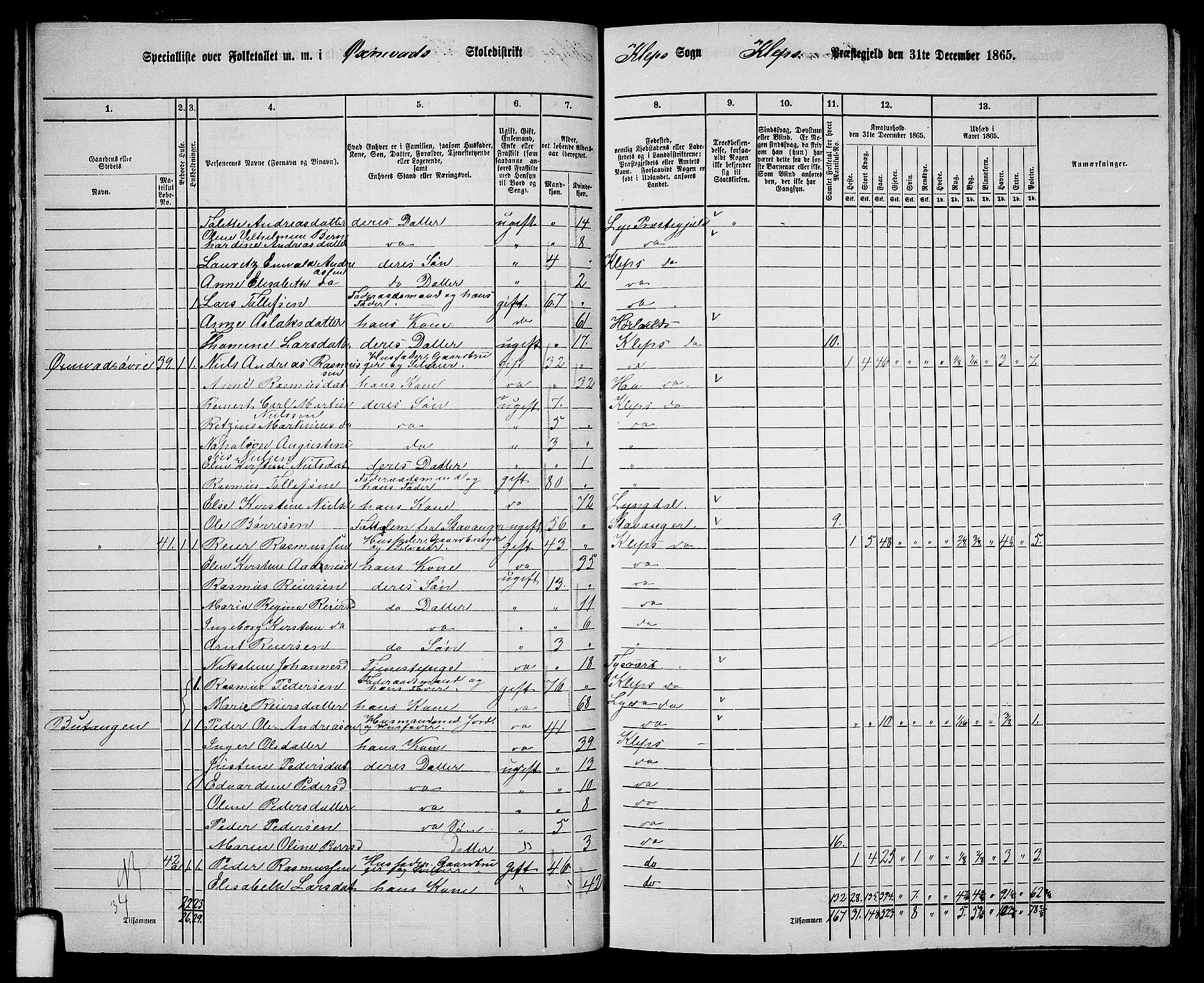 RA, 1865 census for Klepp, 1865, p. 35