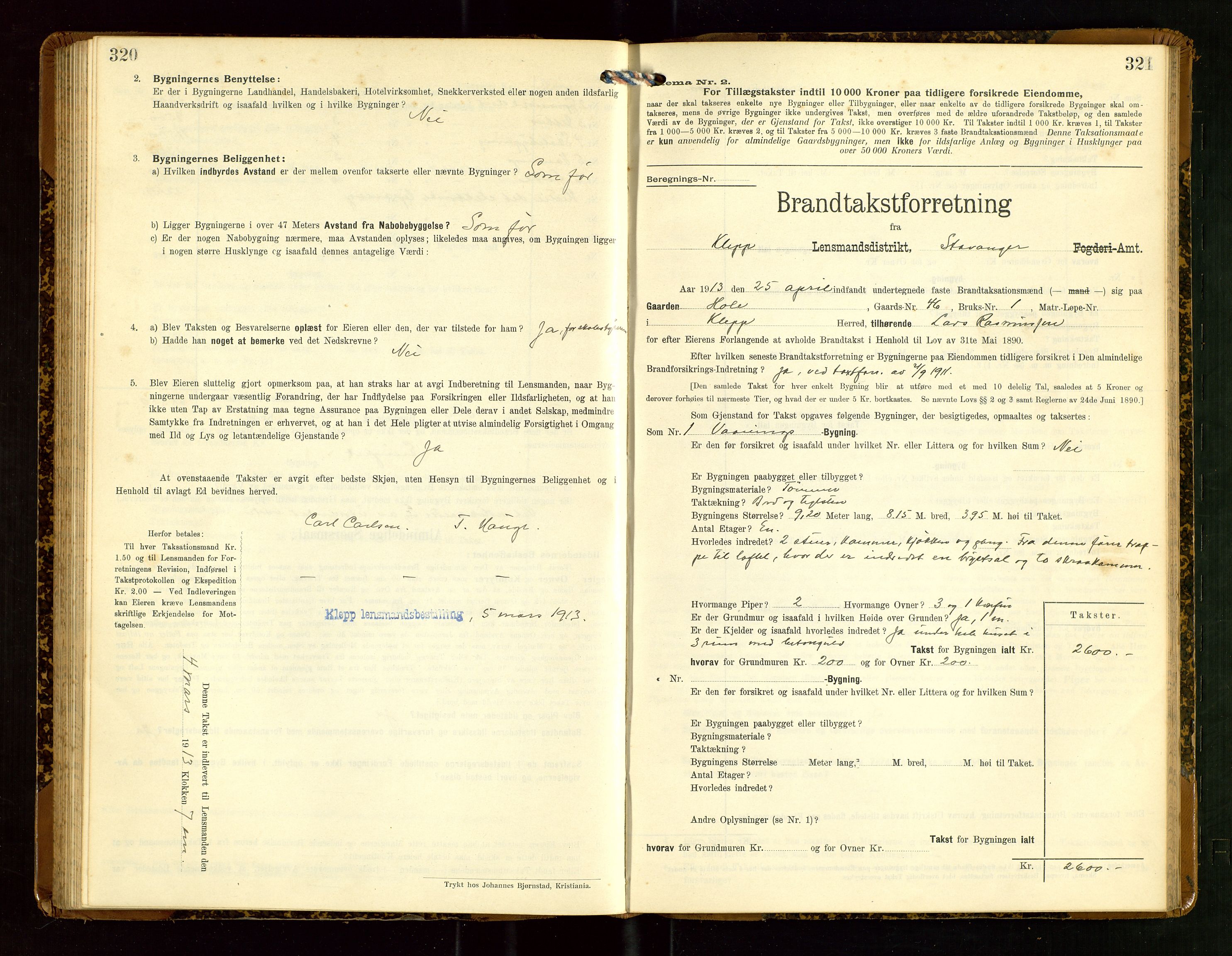 Klepp lensmannskontor, SAST/A-100163/Goc/L0007: "Brandtaxationsprotokol" m/register, 1911-1915, p. 320-321