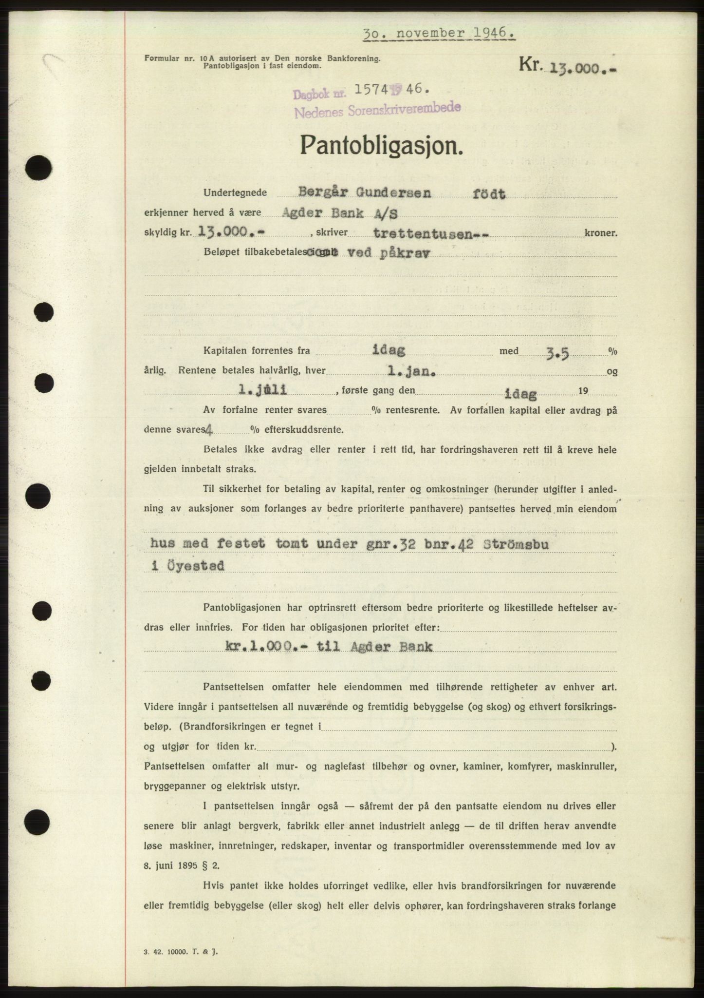 Nedenes sorenskriveri, SAK/1221-0006/G/Gb/Gbb/L0003: Mortgage book no. B3b, 1946-1946, Diary no: : 1574/1946