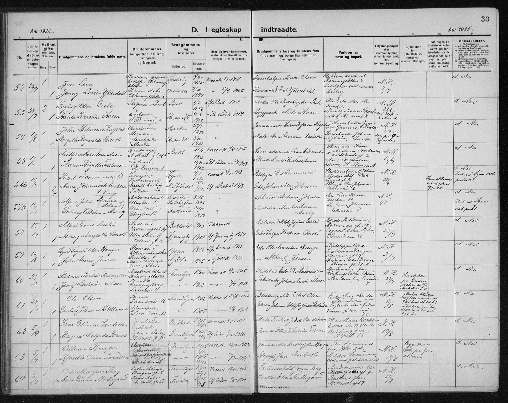 Ministerialprotokoller, klokkerbøker og fødselsregistre - Sør-Trøndelag, AV/SAT-A-1456/605/L0260: Parish register (copy) no. 605C07, 1922-1942, p. 33