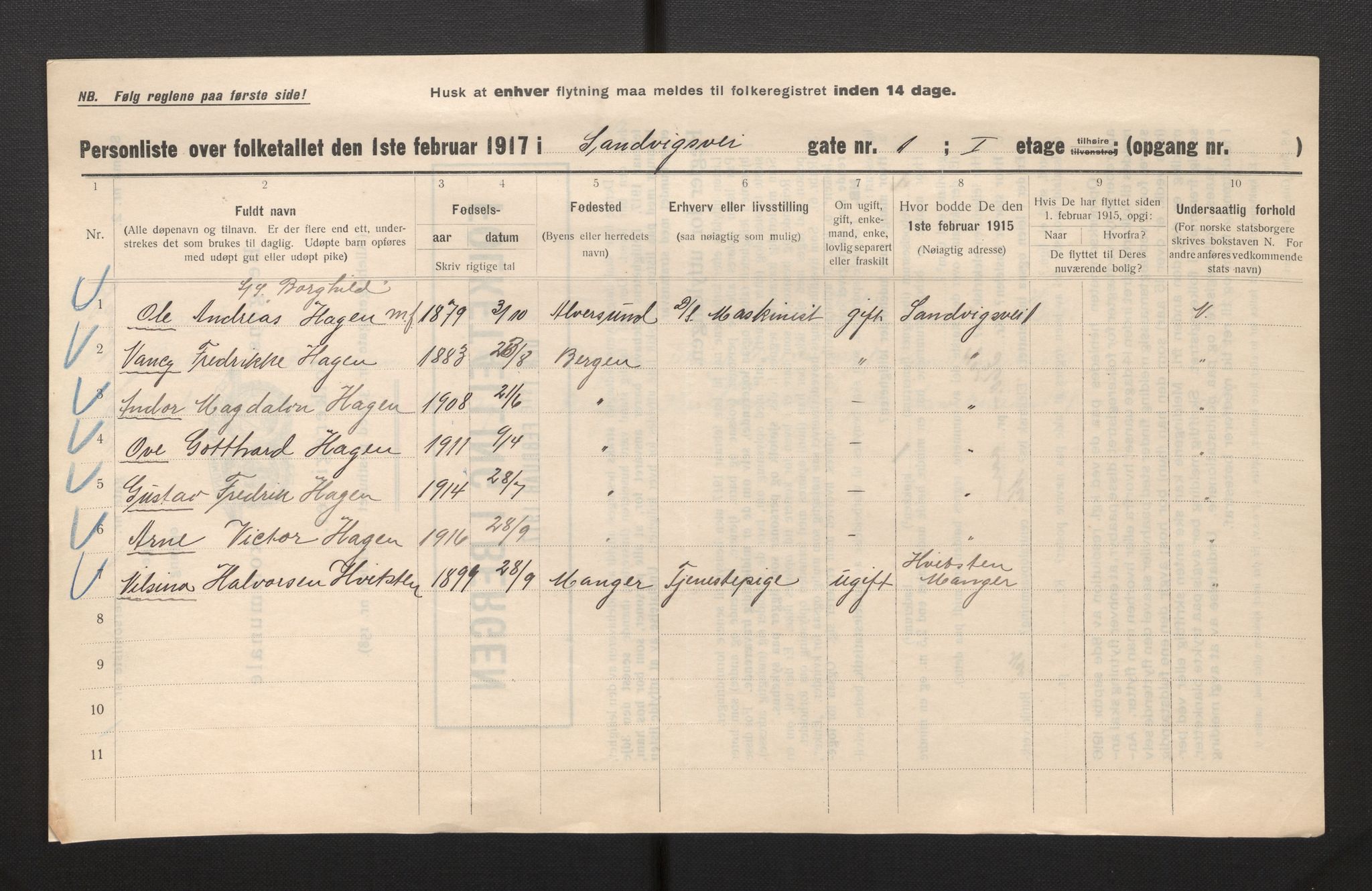 SAB, Municipal Census 1917 for Bergen, 1917, p. 32079