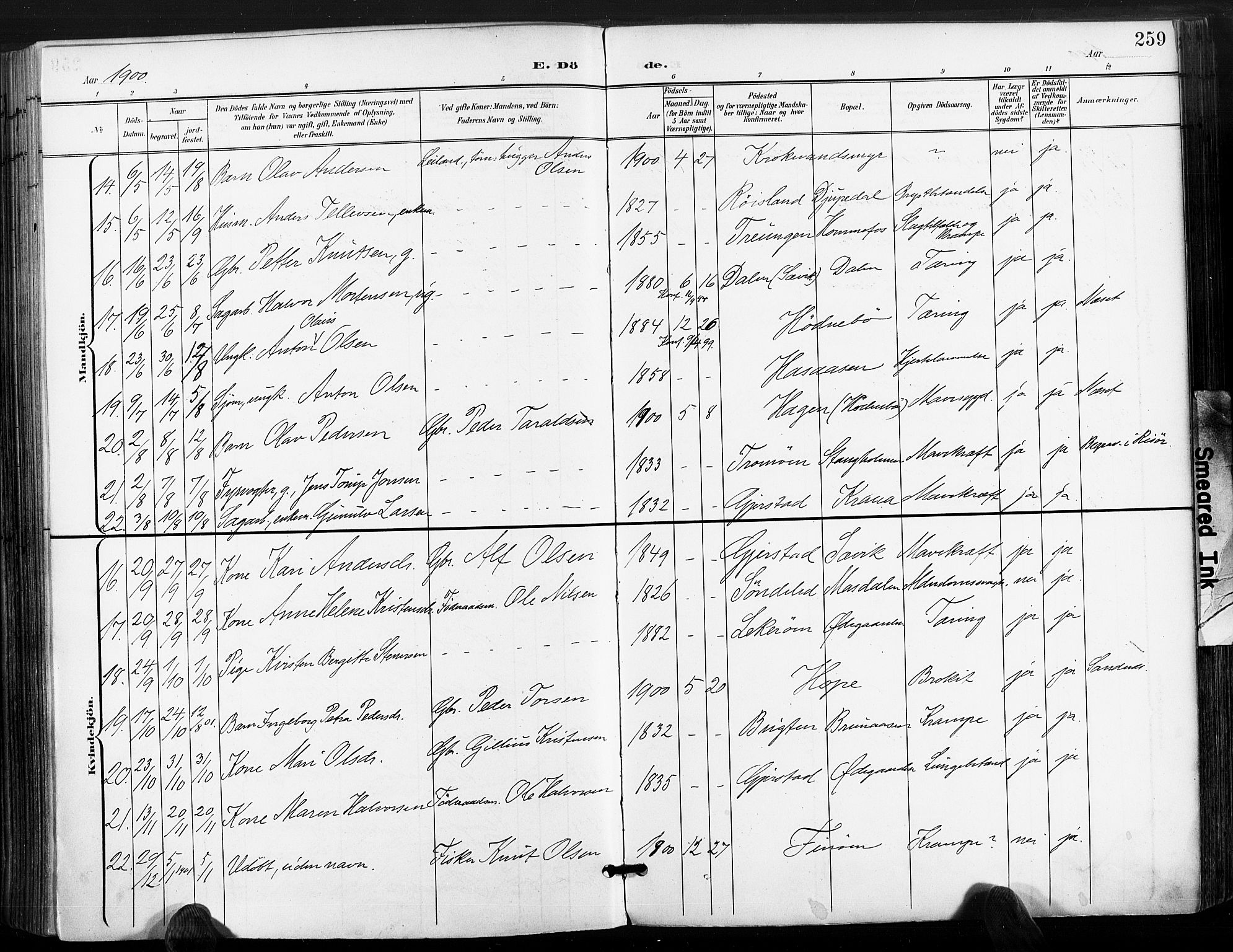 Søndeled sokneprestkontor, AV/SAK-1111-0038/F/Fa/L0006: Parish register (official) no. A 6, 1900-1922, p. 259