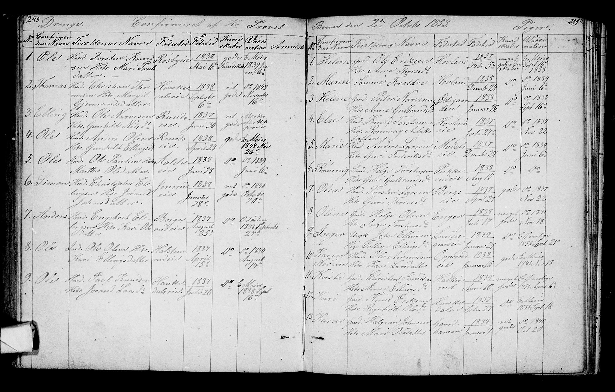Lunder kirkebøker, SAKO/A-629/G/Ga/L0002: Parish register (copy) no. I 2, 1849-1868, p. 248-249