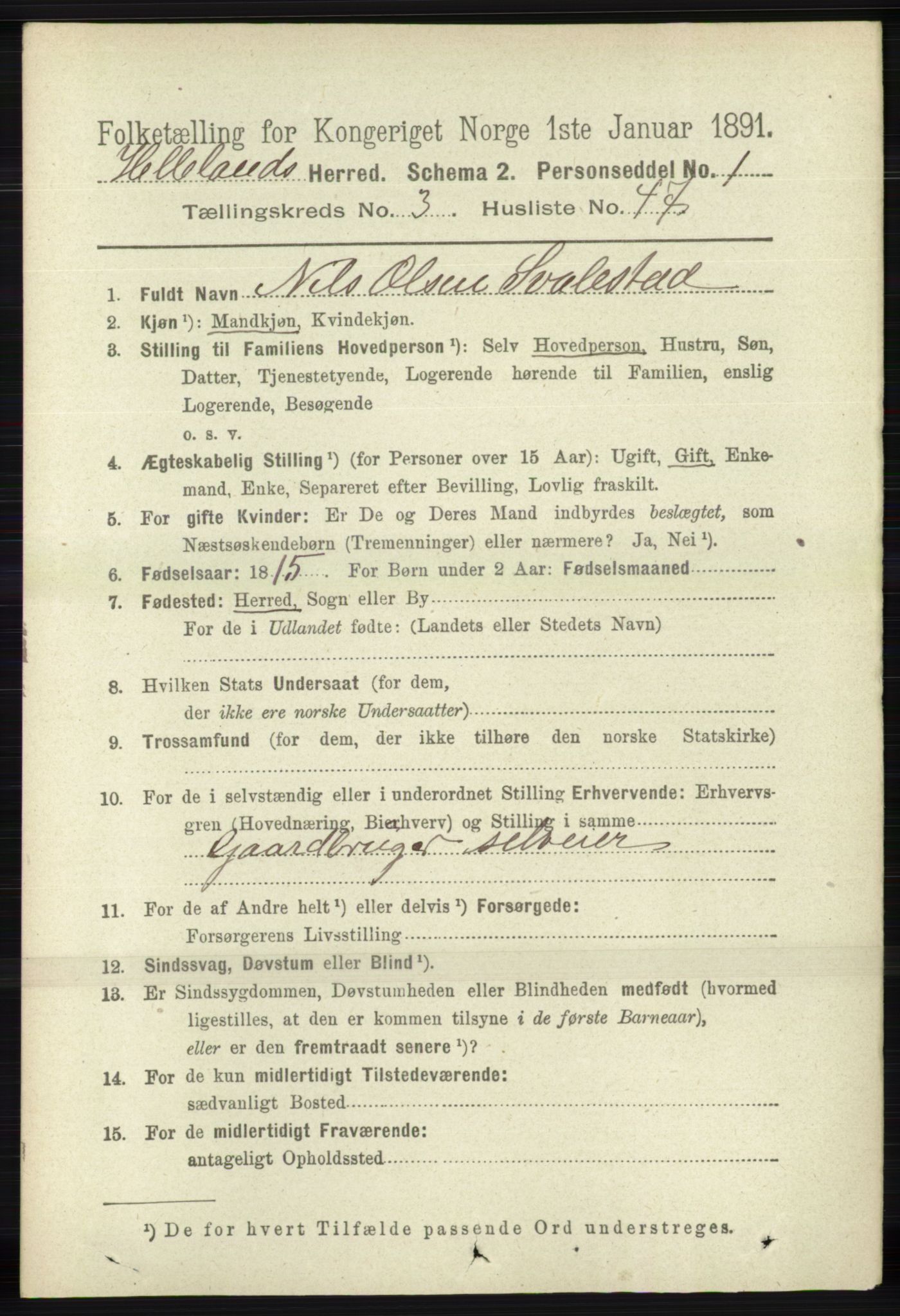 RA, 1891 census for 1115 Helleland, 1891, p. 1105