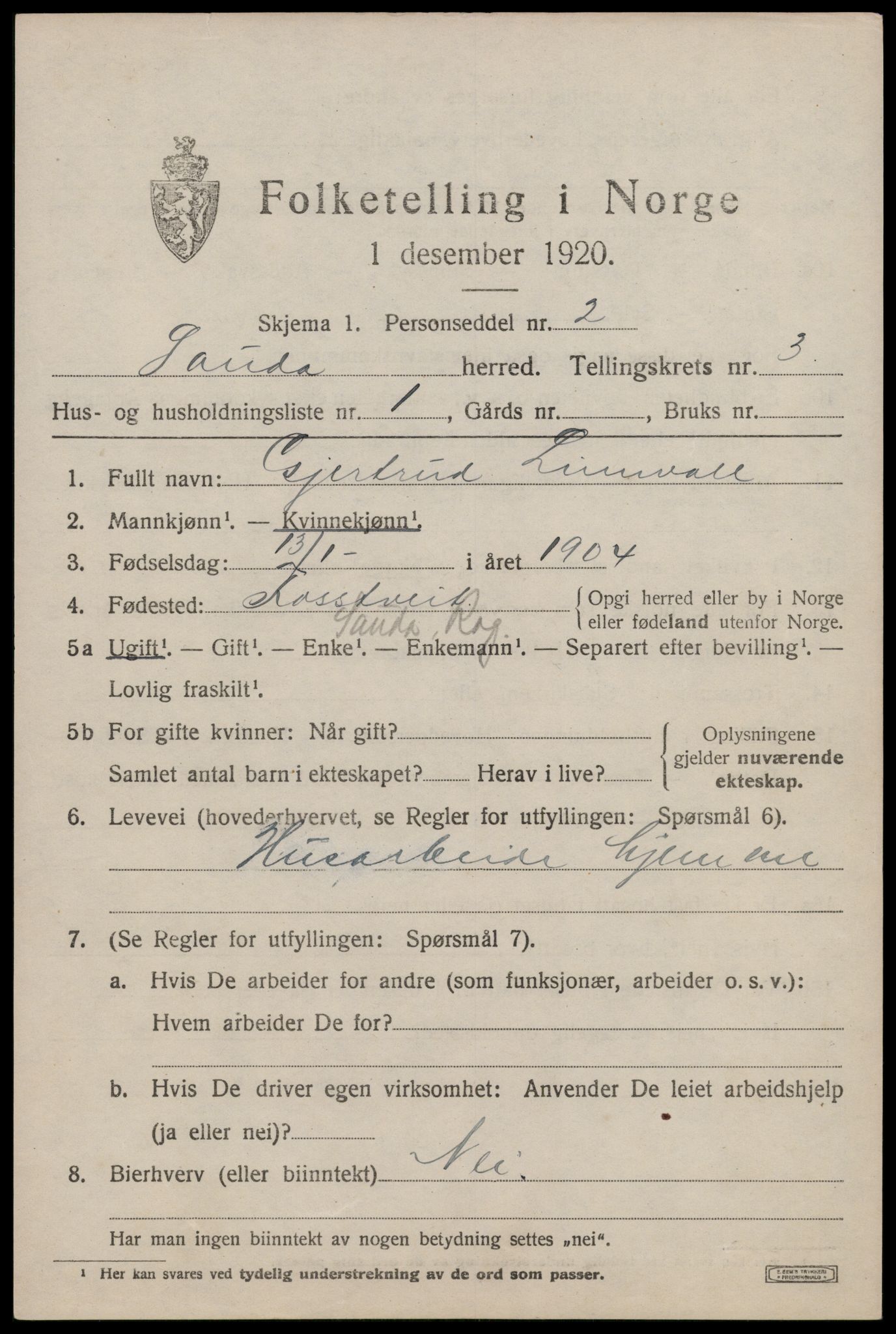 SAST, 1920 census for Sauda, 1920, p. 1116