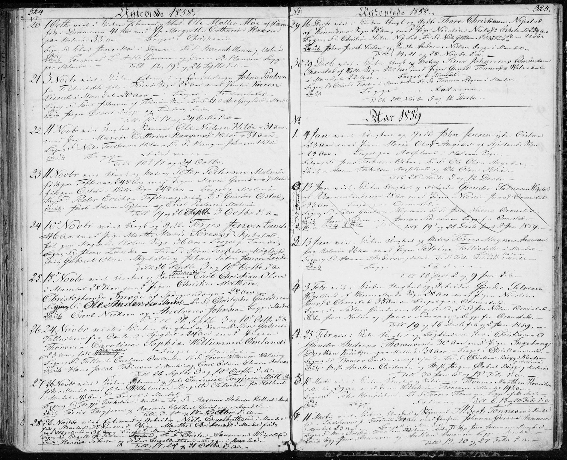 Mandal sokneprestkontor, SAK/1111-0030/F/Fb/Fba/L0008: Parish register (copy) no. B 2, 1854-1868, p. 324-325