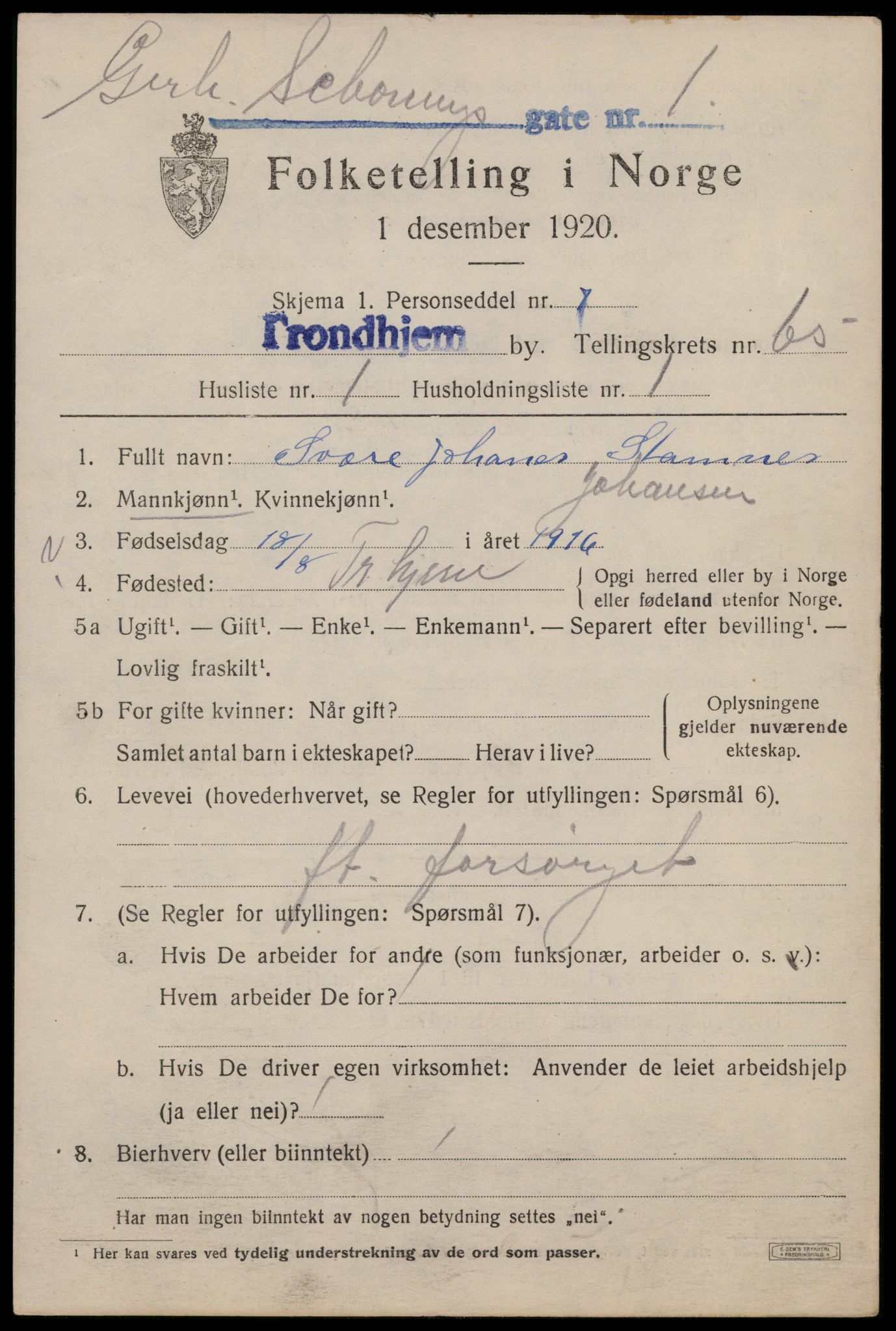 SAT, 1920 census for Trondheim, 1920, p. 128800