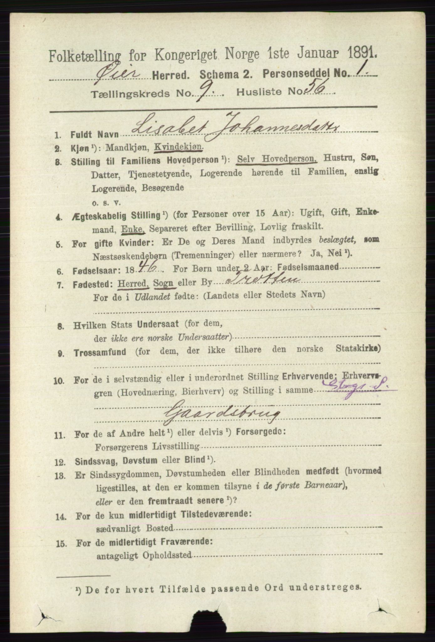 RA, 1891 census for 0521 Øyer, 1891, p. 3427