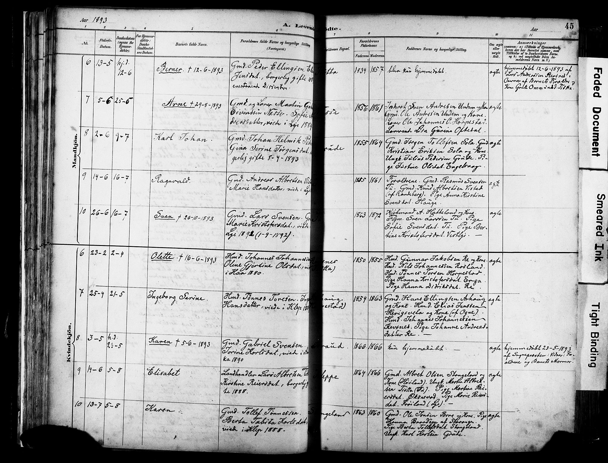 Klepp sokneprestkontor, AV/SAST-A-101803/001/3/30BA/L0009: Parish register (official) no. A 7, 1886-1915, p. 45