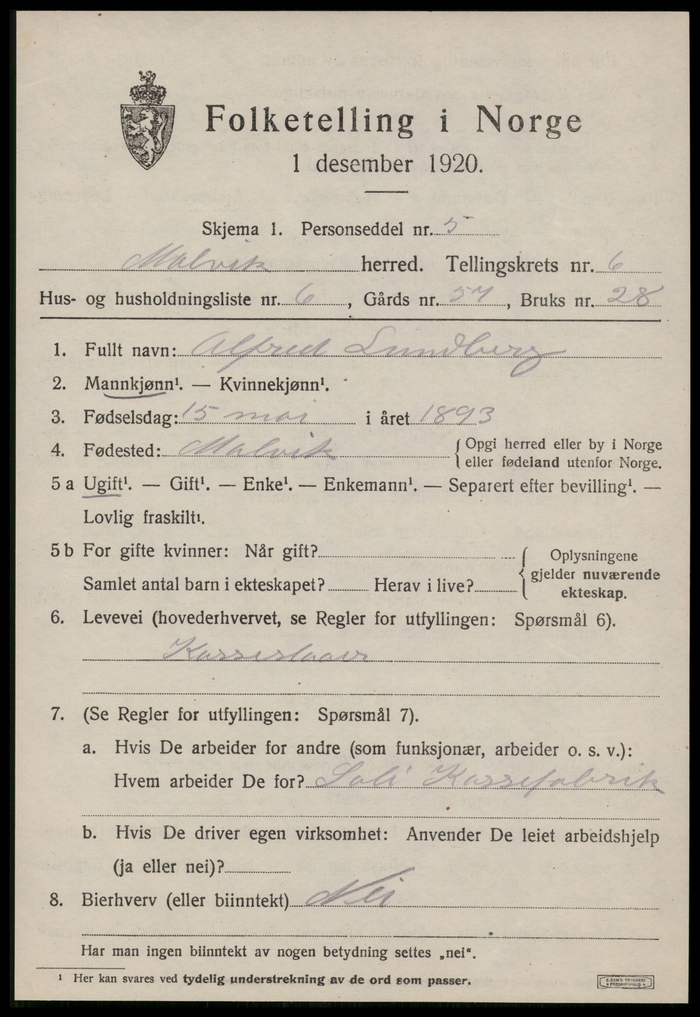 SAT, 1920 census for Malvik, 1920, p. 5420