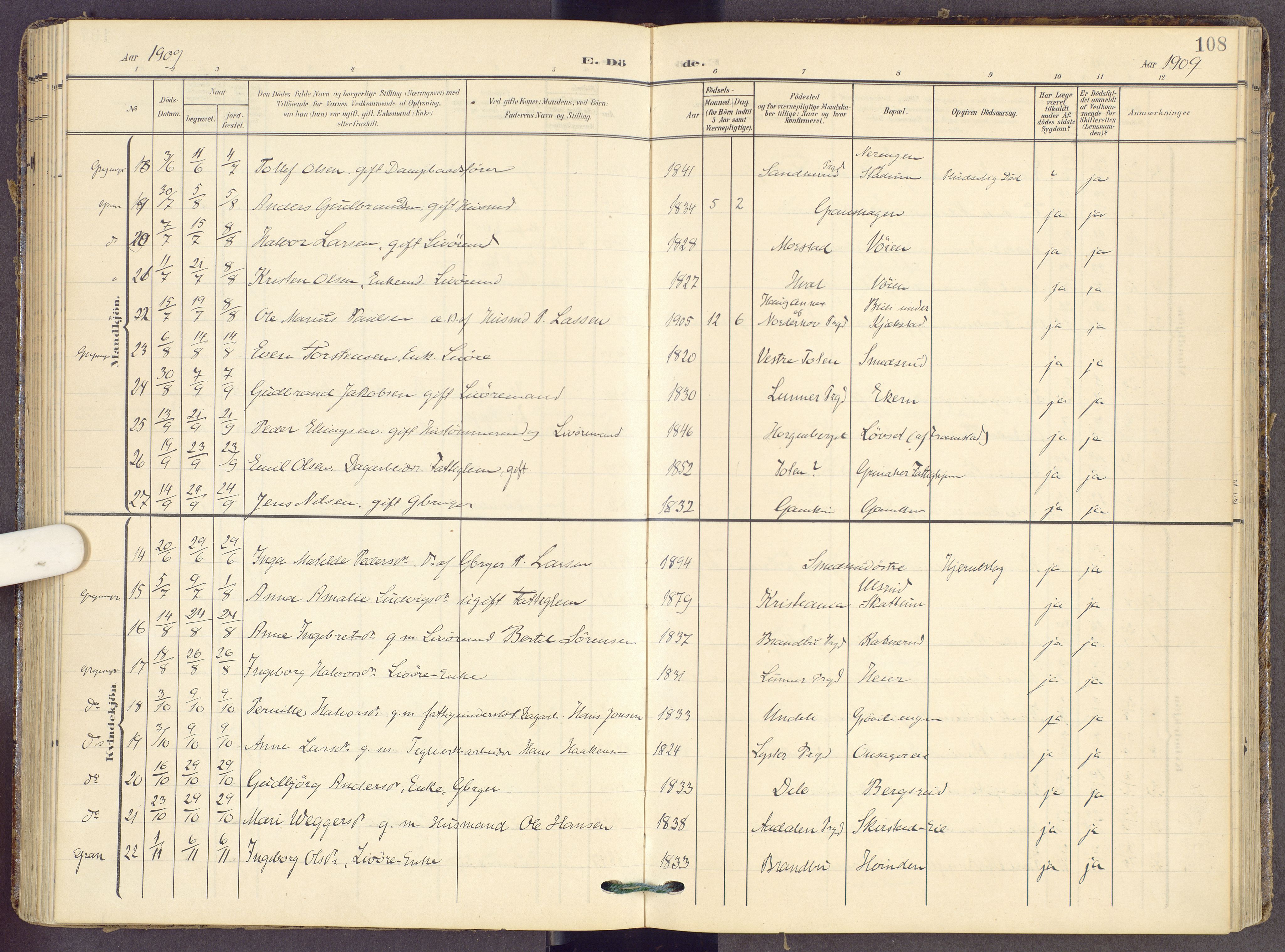 Gran prestekontor, SAH/PREST-112/H/Ha/Haa/L0022: Parish register (official) no. 22, 1908-1918, p. 108