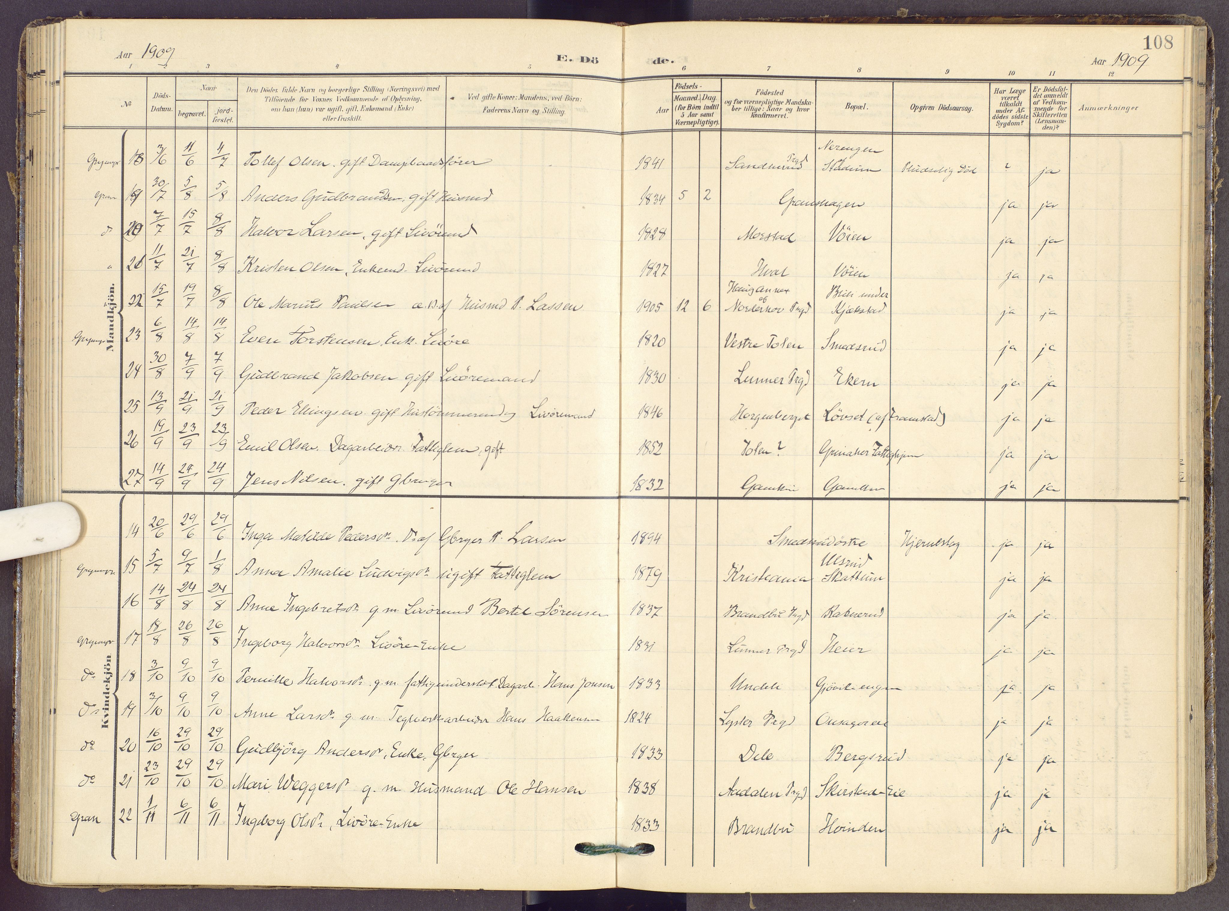 Gran prestekontor, AV/SAH-PREST-112/H/Ha/Haa/L0022: Parish register (official) no. 22, 1908-1918, p. 108