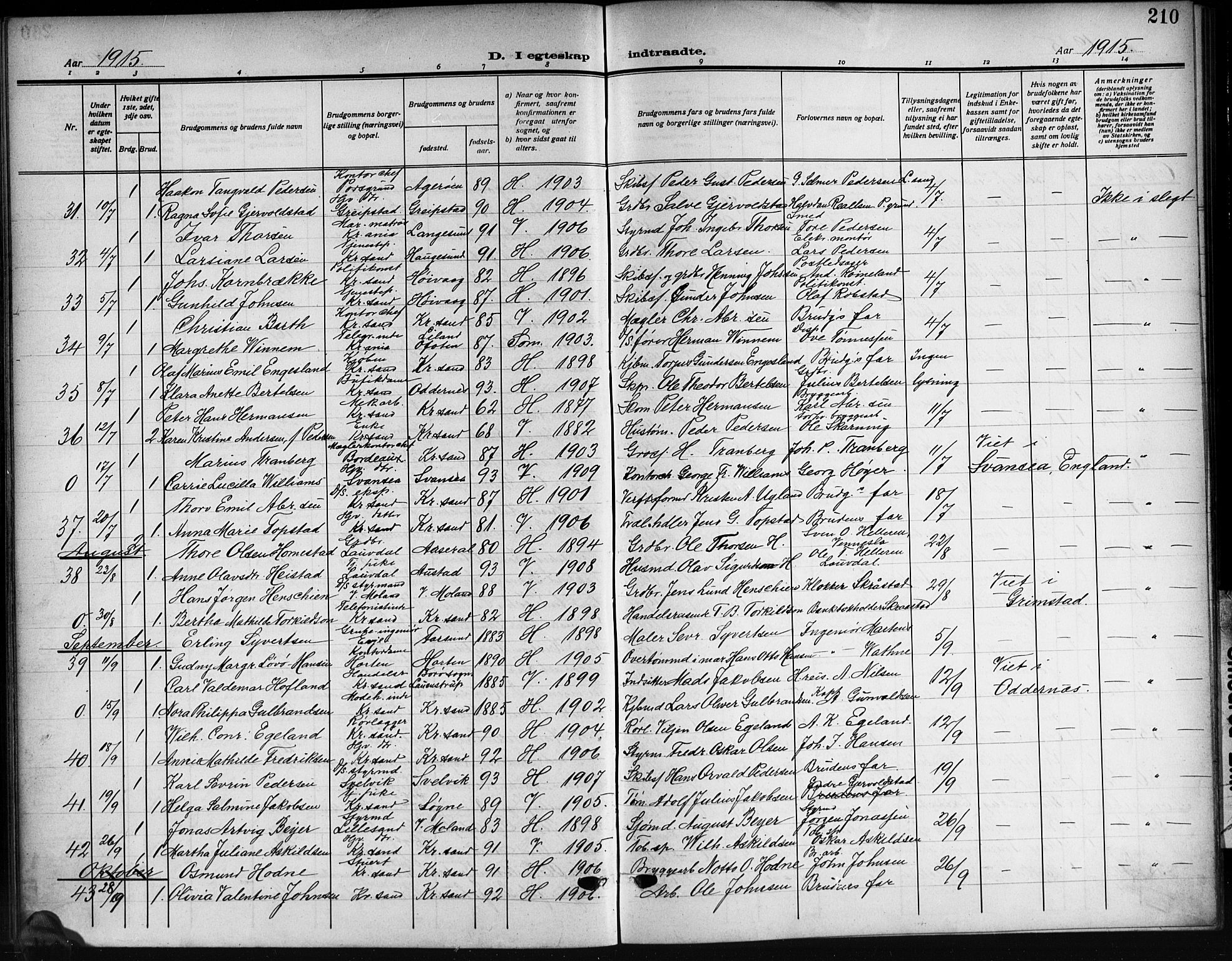 Kristiansand domprosti, SAK/1112-0006/F/Fb/L0021: Parish register (copy) no. B 21, 1914-1923, p. 210