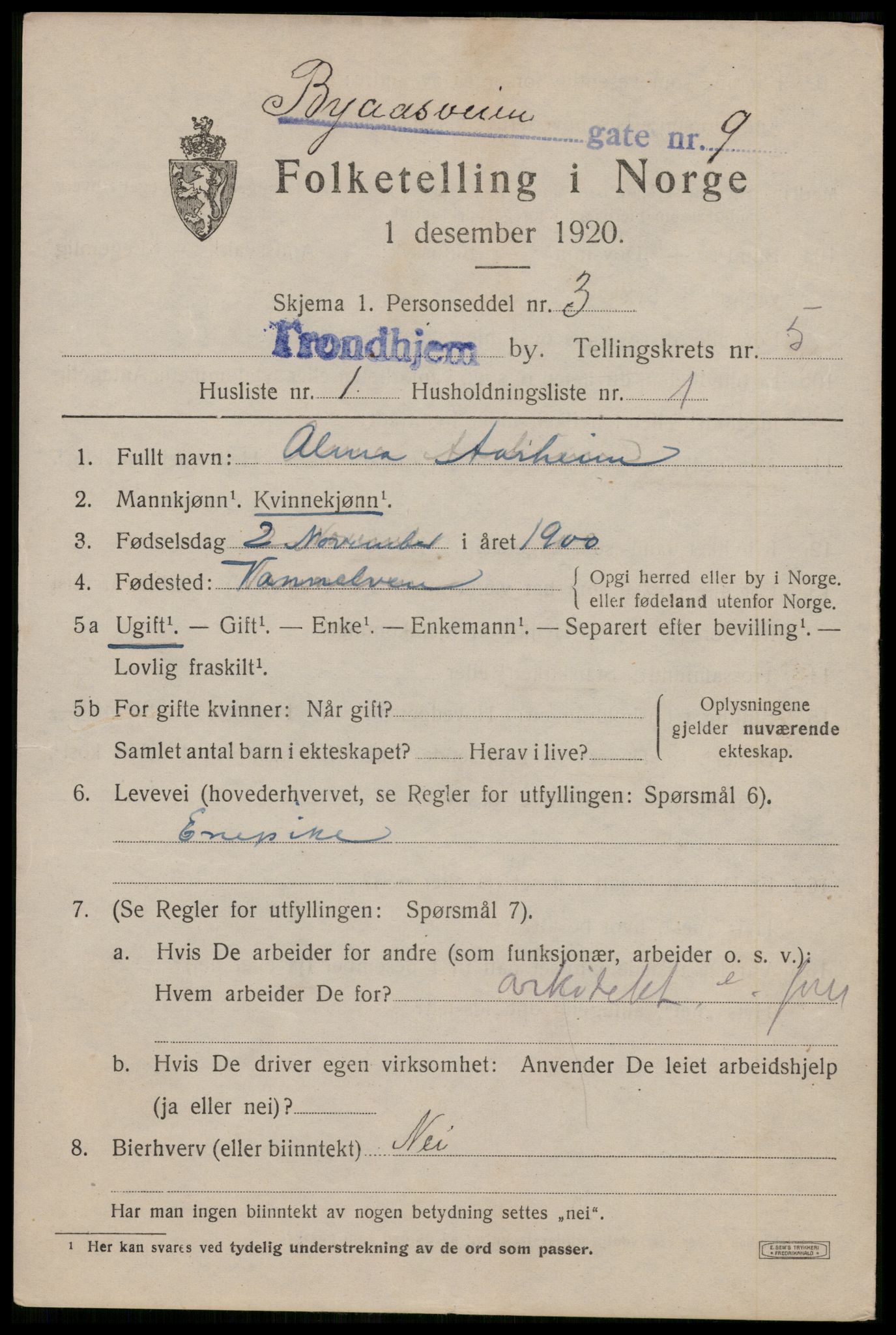 SAT, 1920 census for Trondheim, 1920, p. 38416