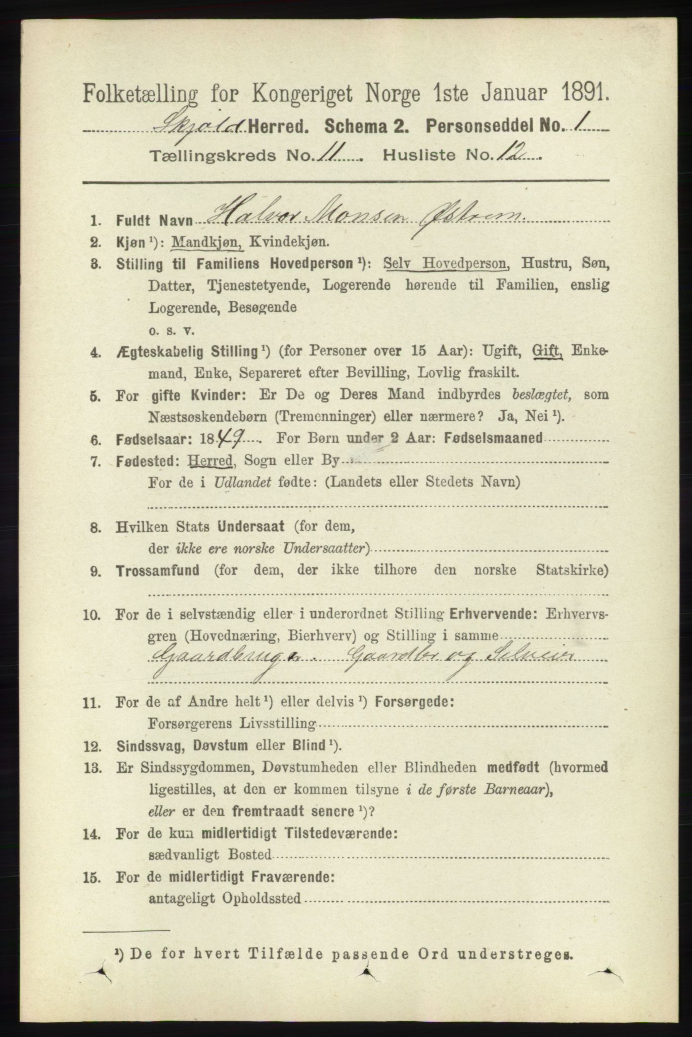 RA, 1891 census for 1154 Skjold, 1891, p. 2121