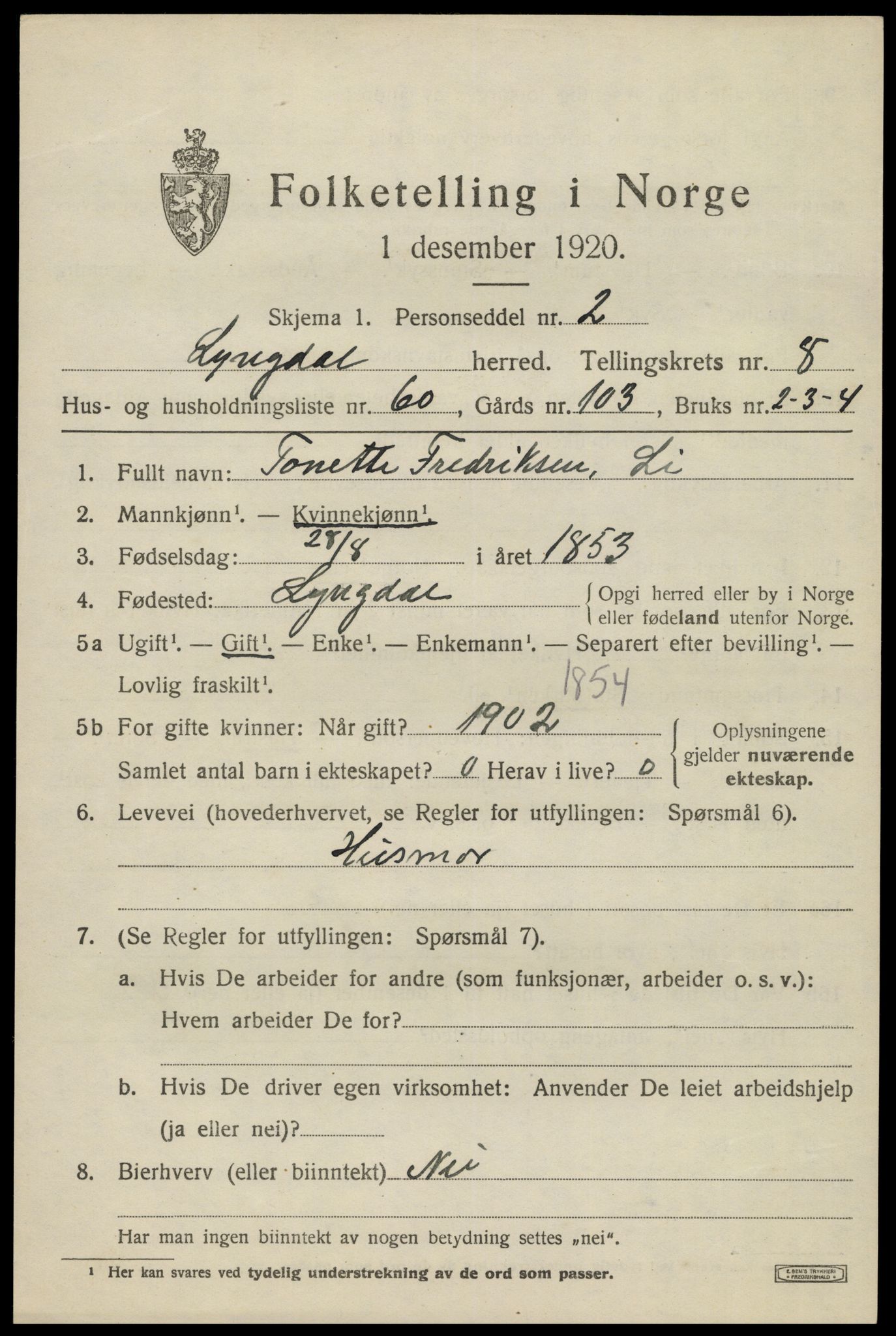 SAK, 1920 census for Lyngdal, 1920, p. 4621