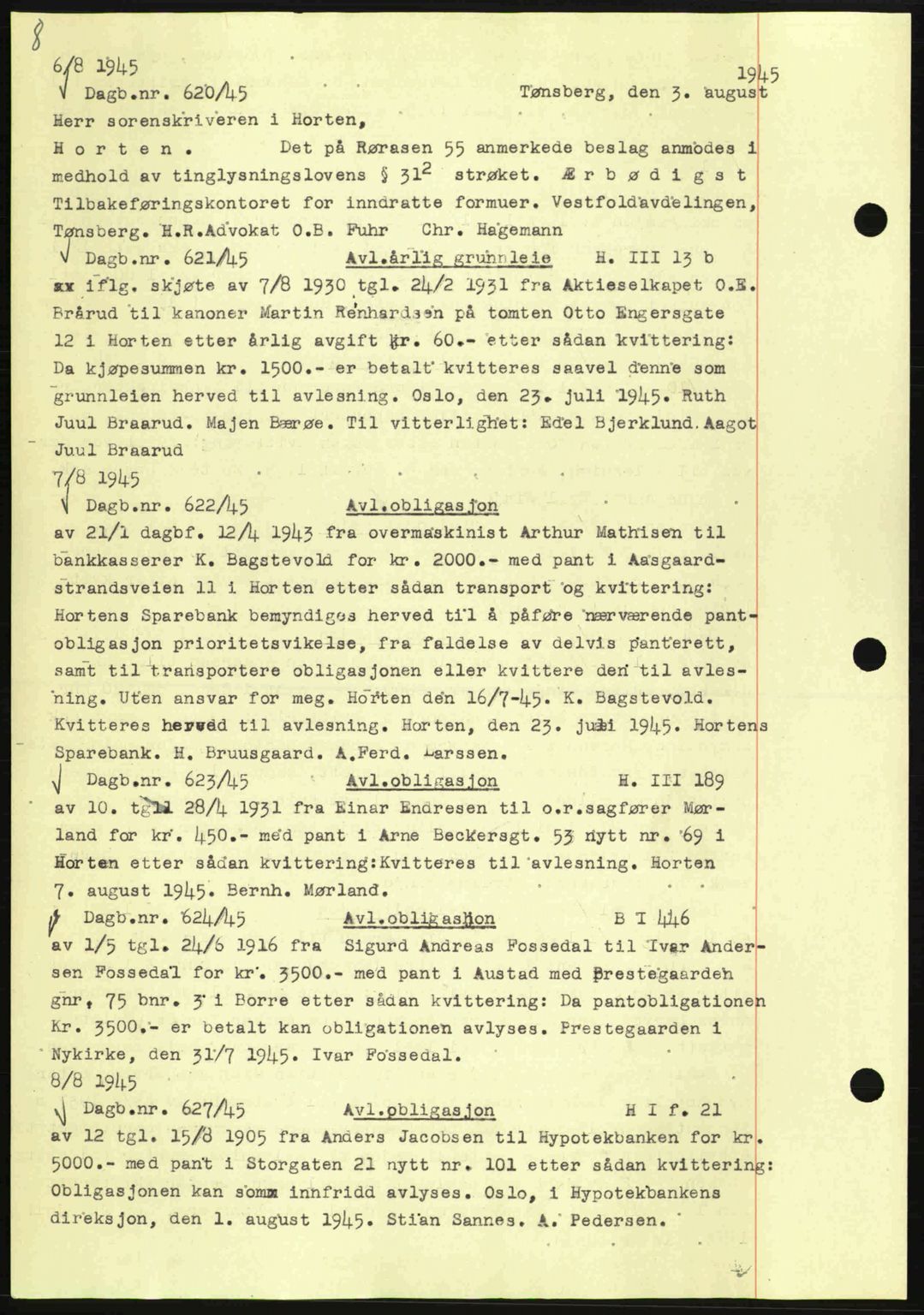 Horten sorenskriveri, SAKO/A-133/G/Ga/Gab/L0004: Mortgage book no. B-7 - B-8 a, 1943-1945, Diary no: : 620/1945