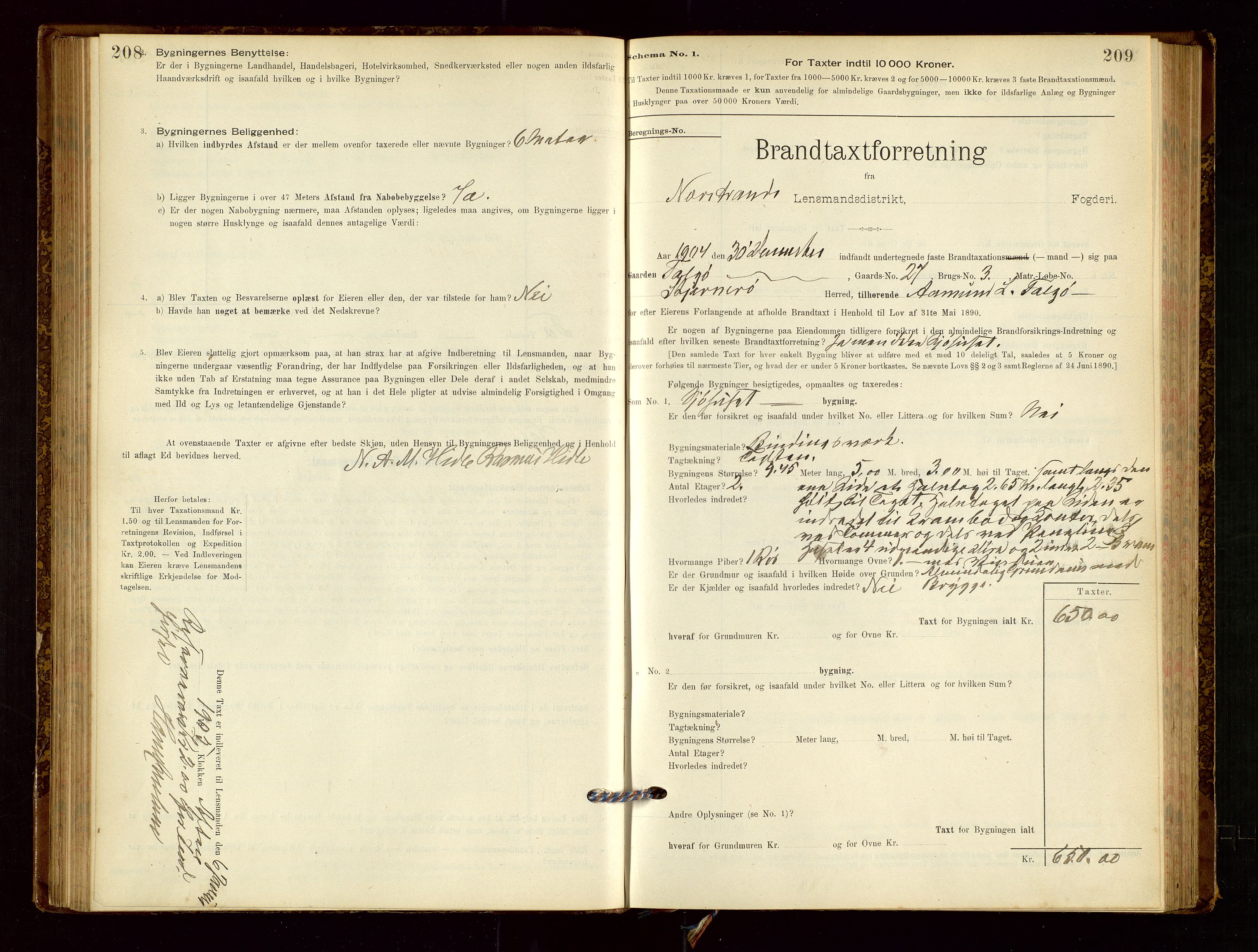 Nedstrand lensmannskontor, SAST/A-100236/Gob/L0001: "Brandtaxationsprotokol for Nerstrand Lensmandsdistrikt Ryfylke fogderi", 1895-1915, p. 208-209