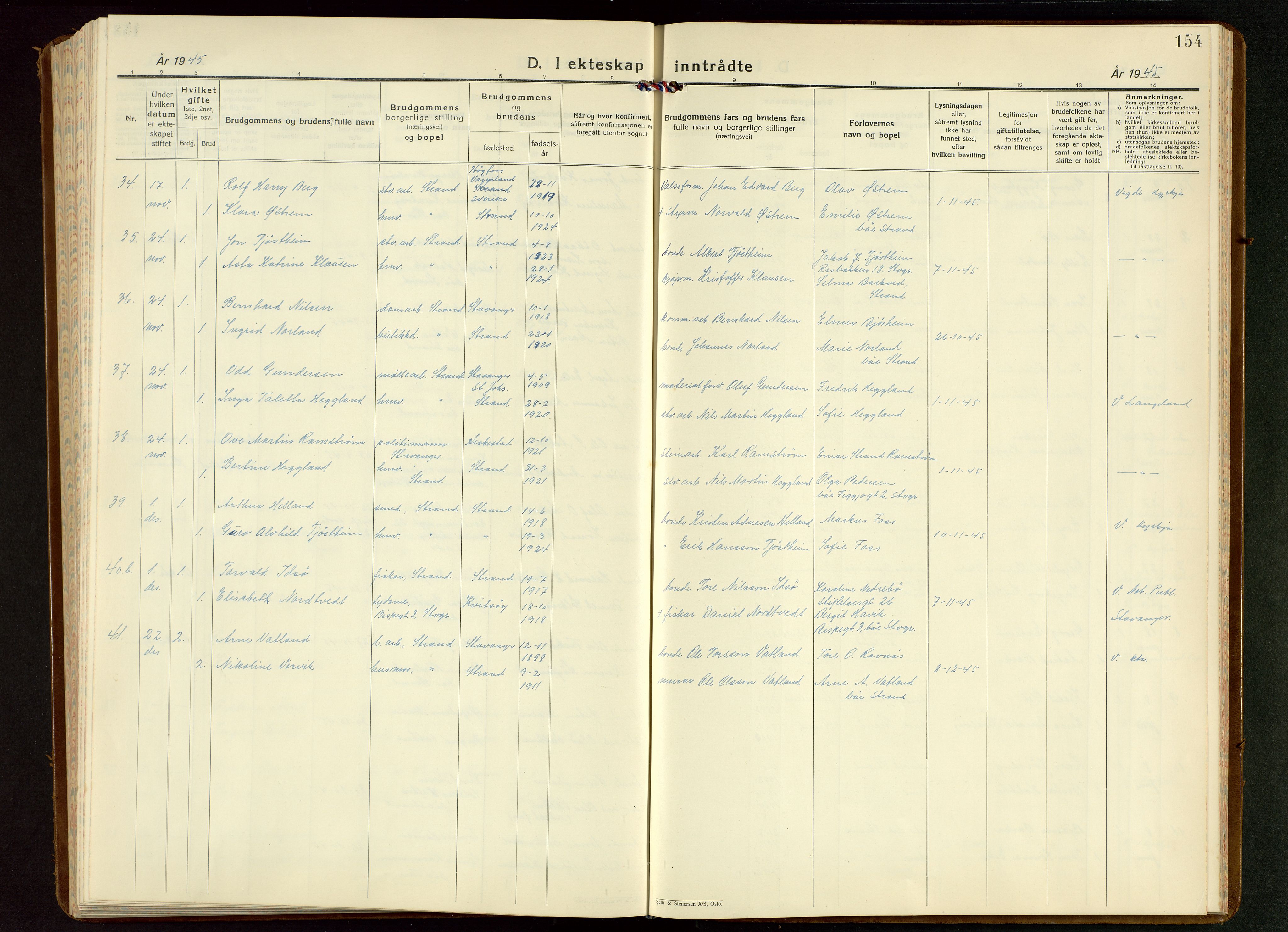 Strand sokneprestkontor, AV/SAST-A-101828/H/Ha/Hab/L0006: Parish register (copy) no. B 6, 1933-1950, p. 154