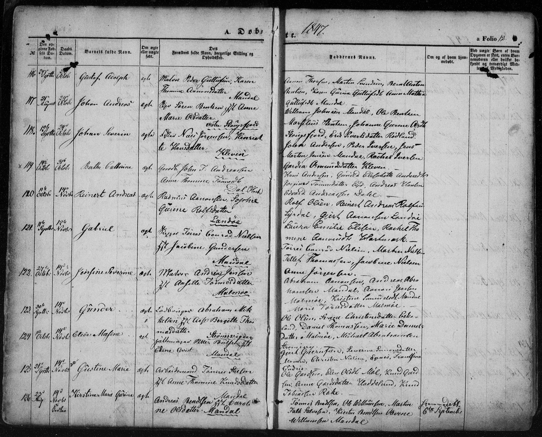 Mandal sokneprestkontor, AV/SAK-1111-0030/F/Fa/Faa/L0013: Parish register (official) no. A 13, 1847-1859, p. 12