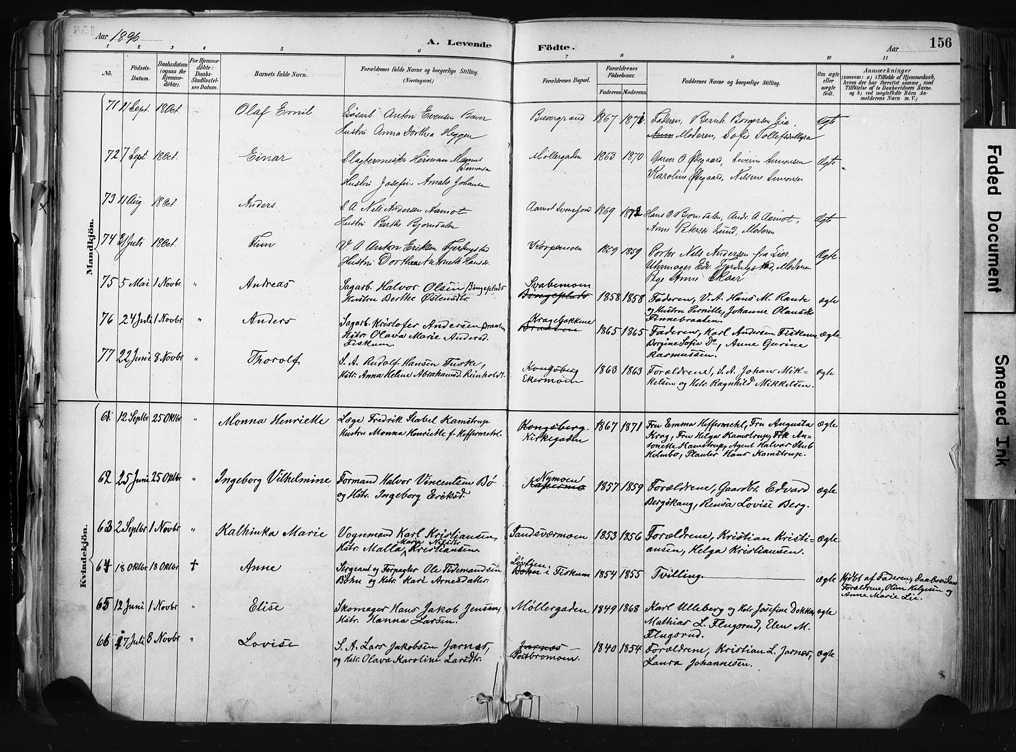 Kongsberg kirkebøker, AV/SAKO-A-22/F/Fb/L0002: Parish register (official) no. II 2, 1886-1896, p. 156