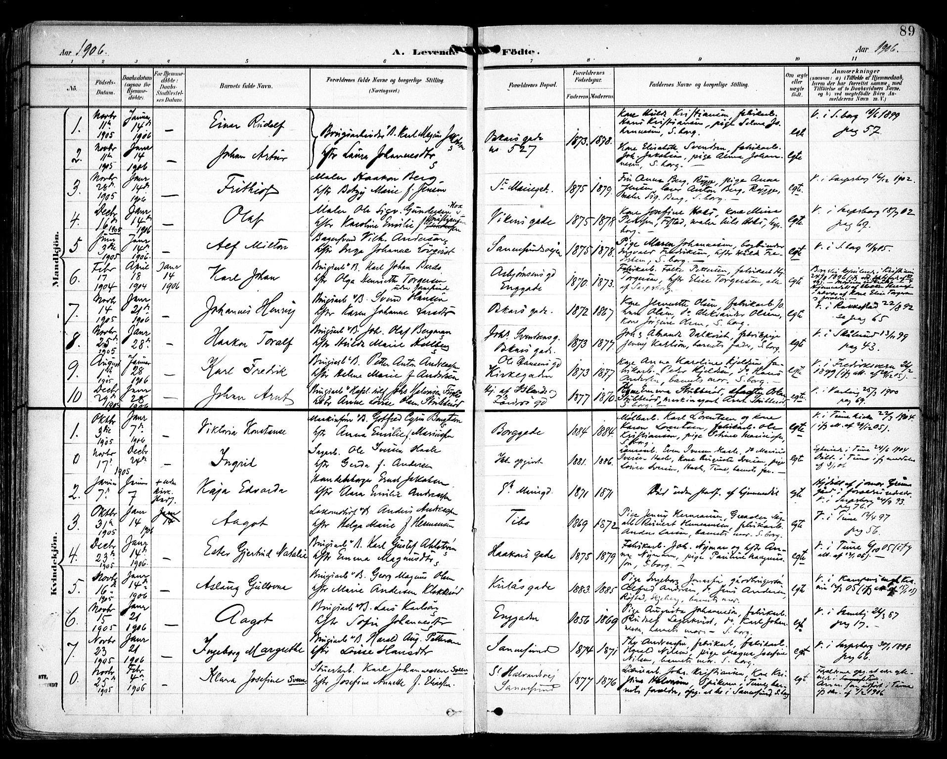 Sarpsborg prestekontor Kirkebøker, AV/SAO-A-2006/F/Fa/L0005: Parish register (official) no. 5, 1900-1909, p. 89