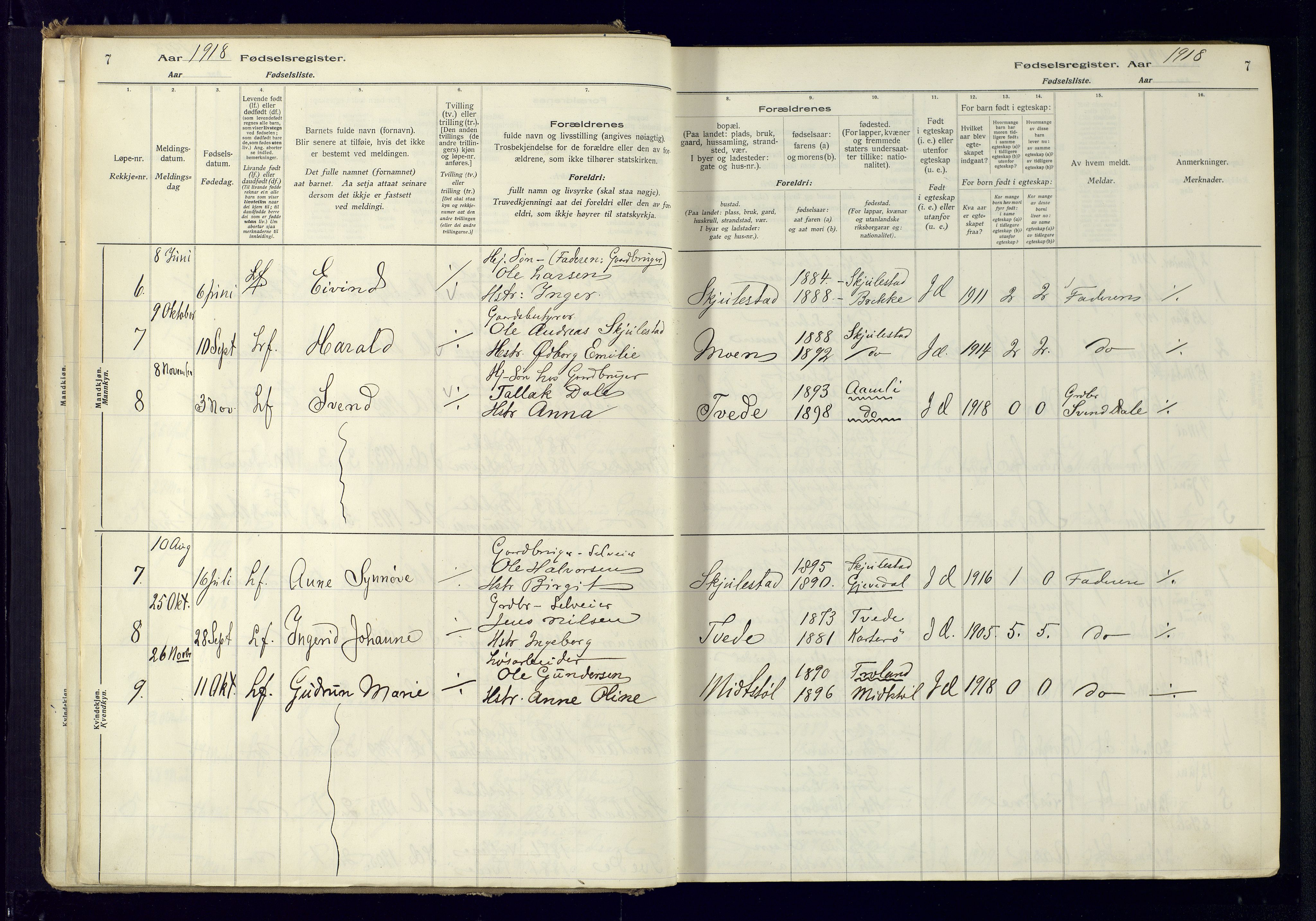 Austre Moland sokneprestkontor, SAK/1111-0001/J/Ja/L0001: Birth register no. A-VI-25, 1916-1975, p. 7