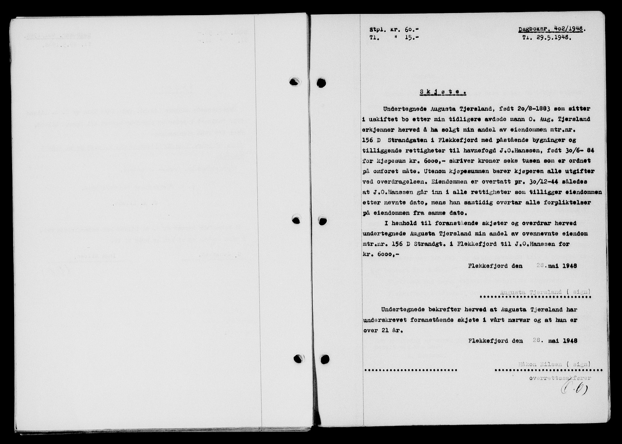 Flekkefjord sorenskriveri, AV/SAK-1221-0001/G/Gb/Gba/L0063: Mortgage book no. A-11, 1947-1948, Diary no: : 402/1948