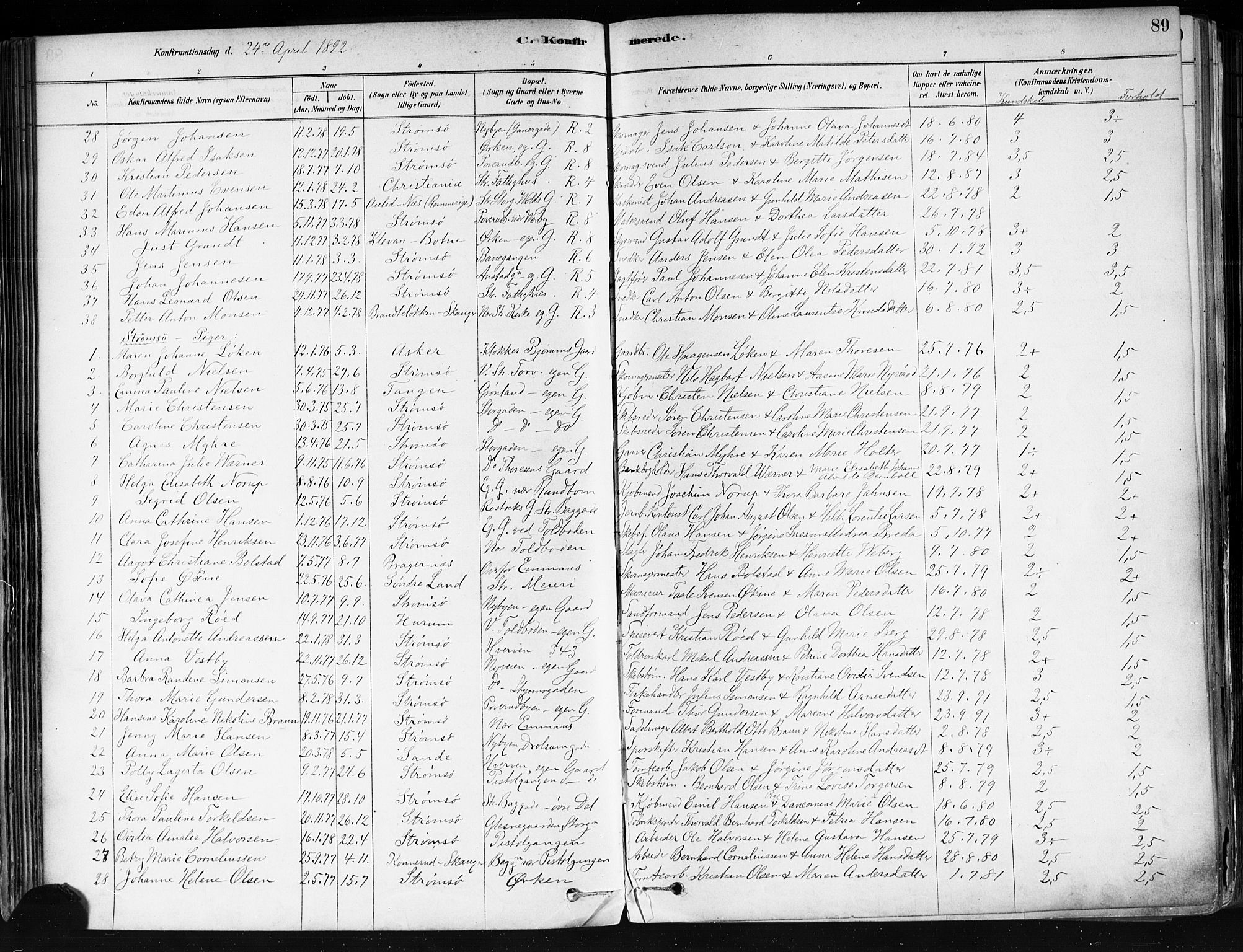 Strømsø kirkebøker, AV/SAKO-A-246/F/Fa/L0022: Parish register (official) no. I 22, 1879-1899, p. 89