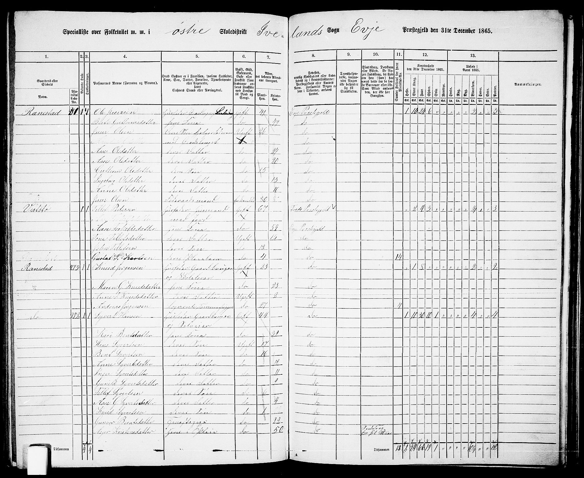 RA, 1865 census for Evje, 1865, p. 144