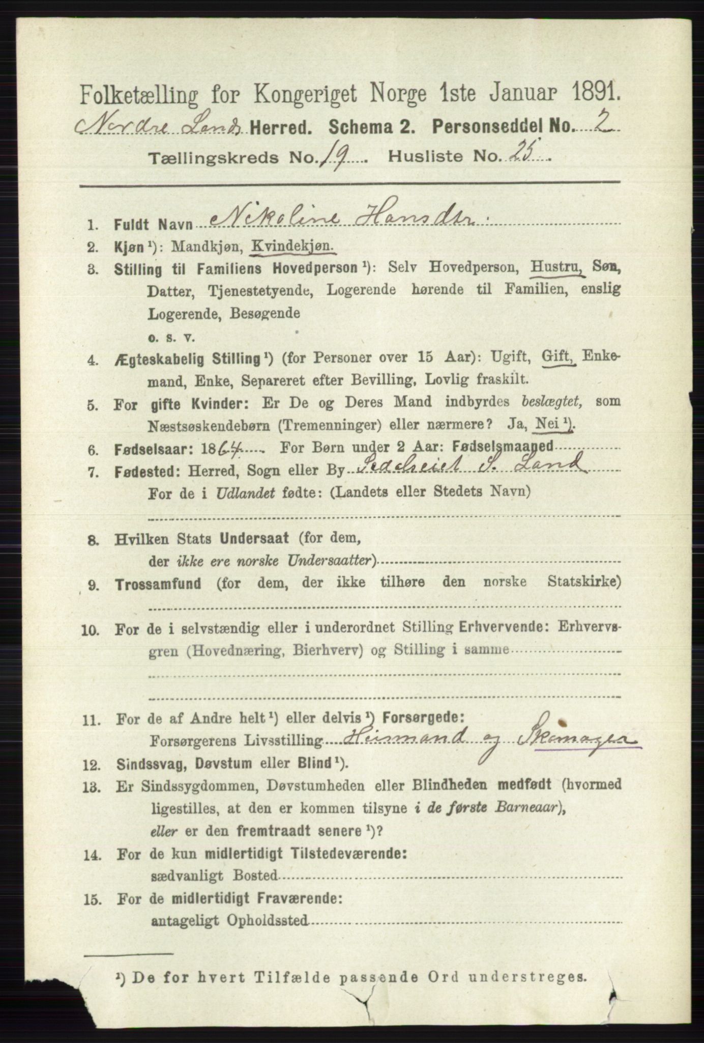 RA, 1891 census for 0538 Nordre Land, 1891, p. 4807