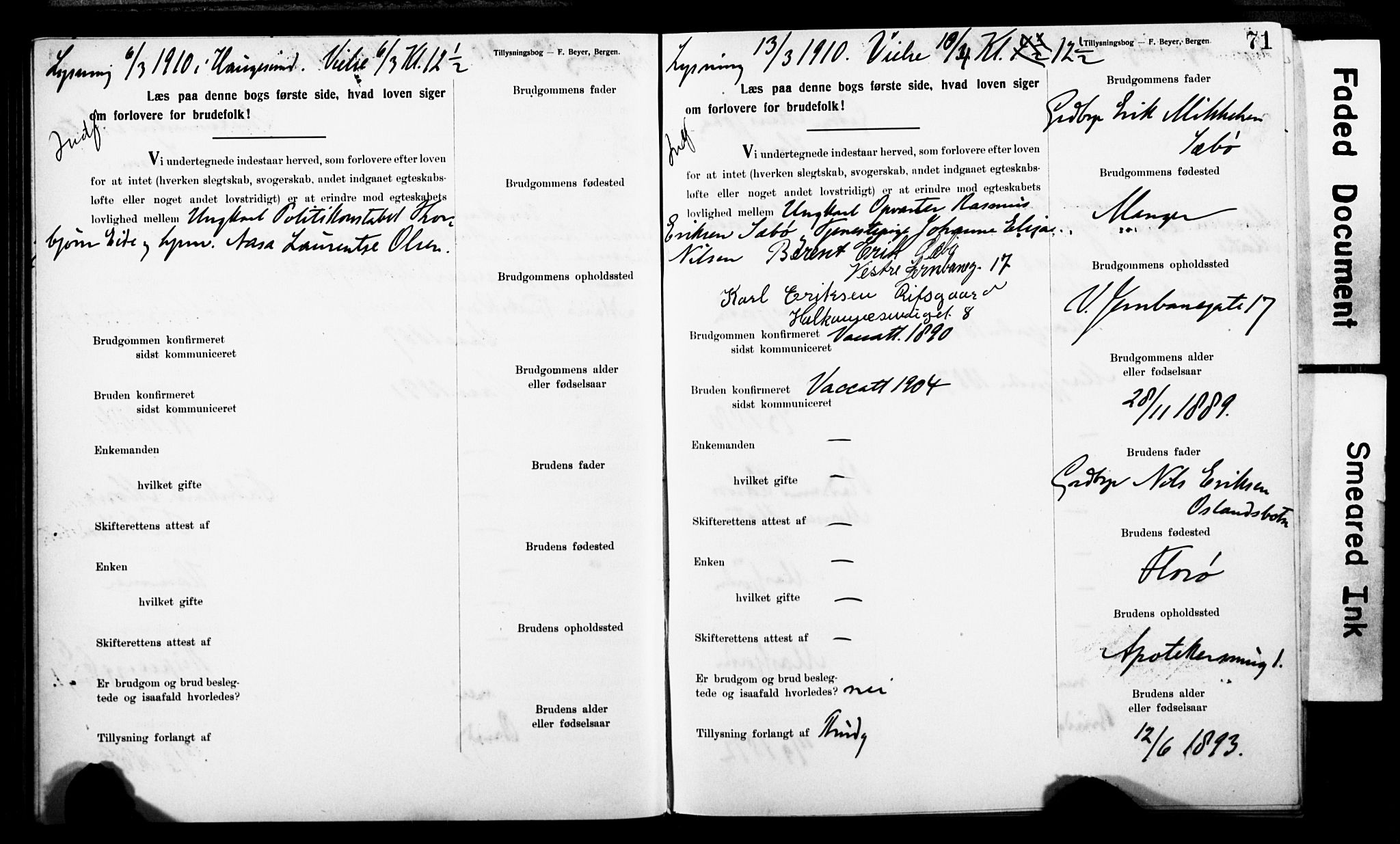 Korskirken sokneprestembete, AV/SAB-A-76101: Best man's statements no. II.5.9, 1908-1914, p. 71