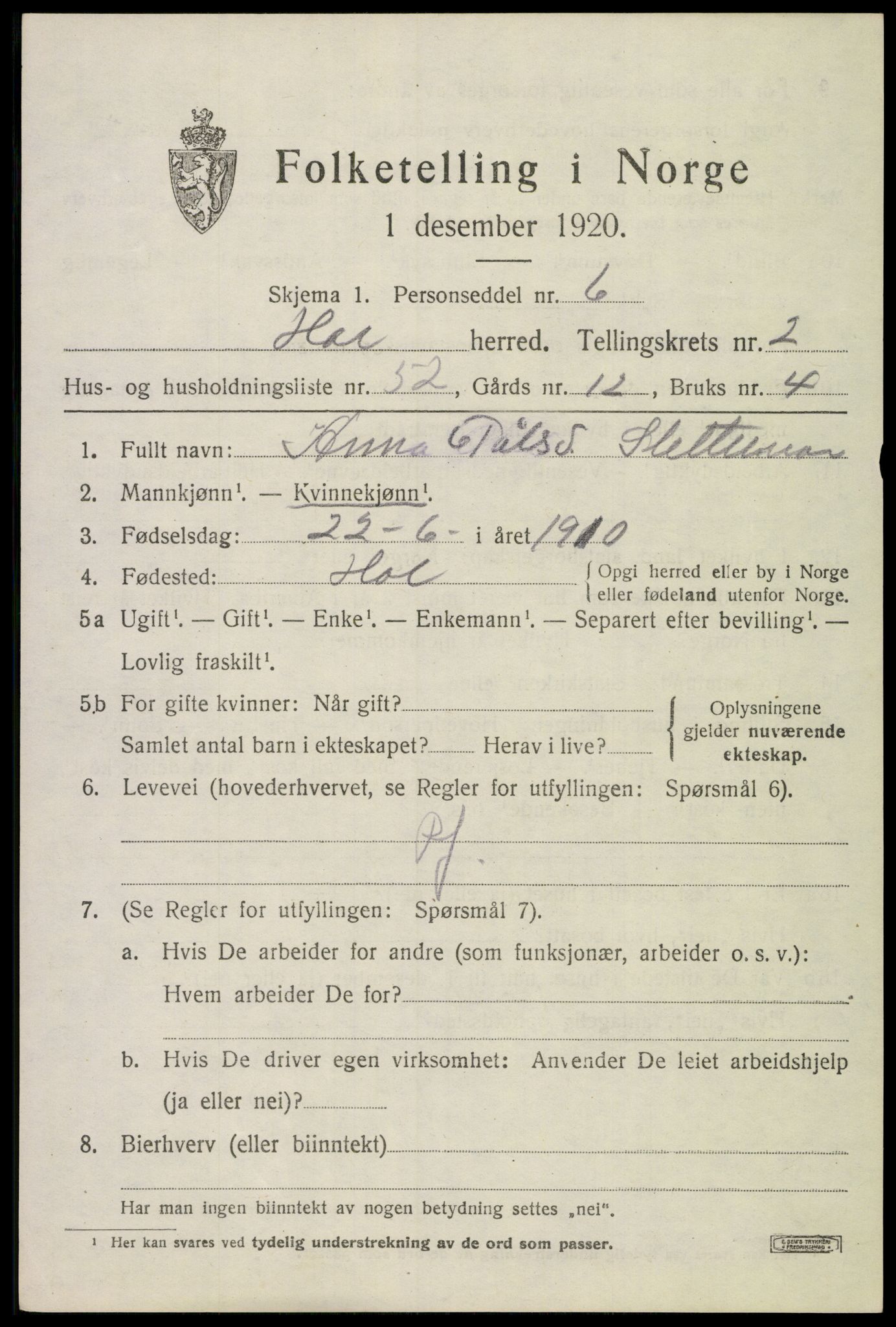 SAKO, 1920 census for Hol (Buskerud), 1920, p. 1845